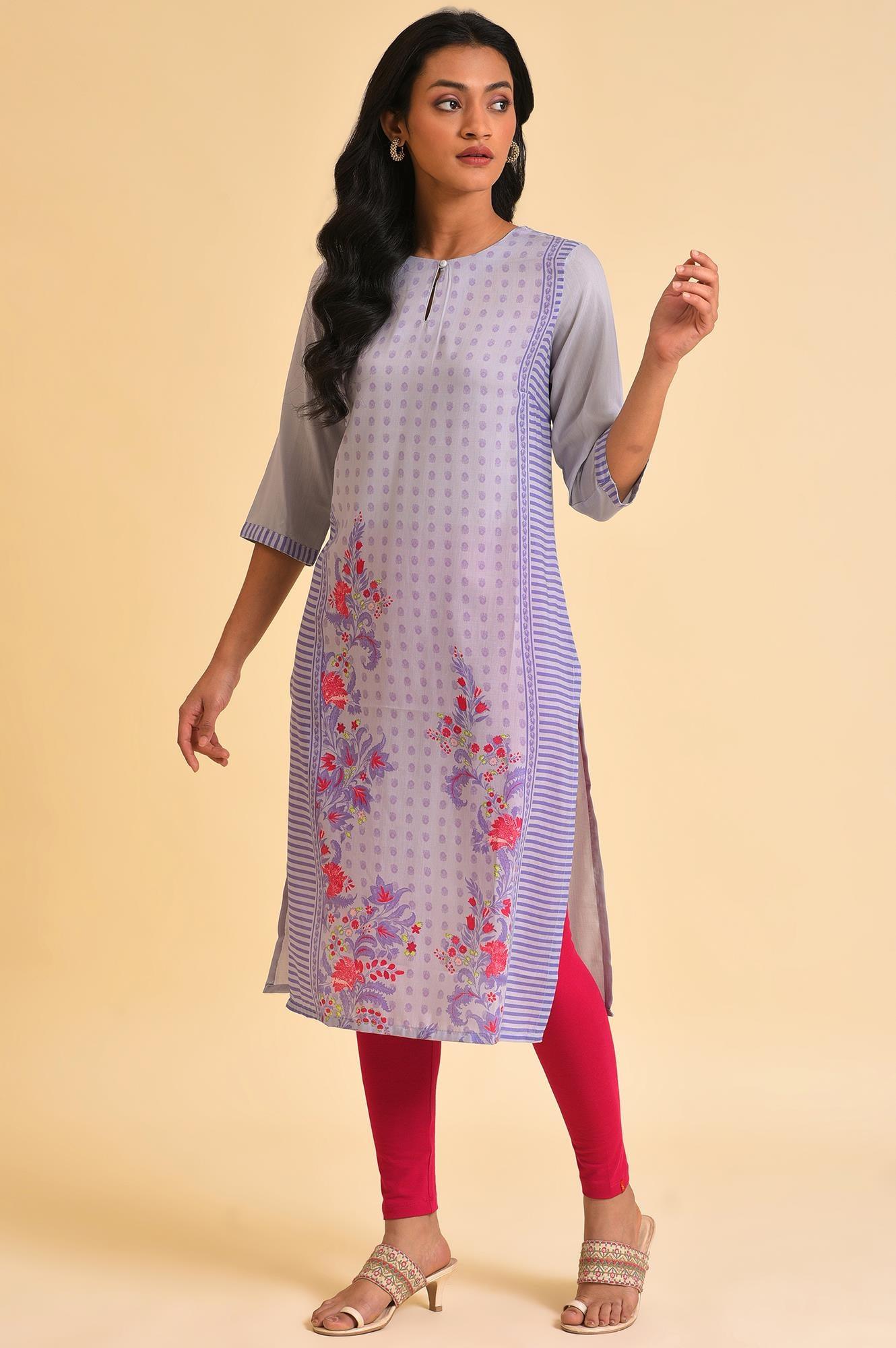 Purple Print Mix kurta & Tights Set - wforwoman