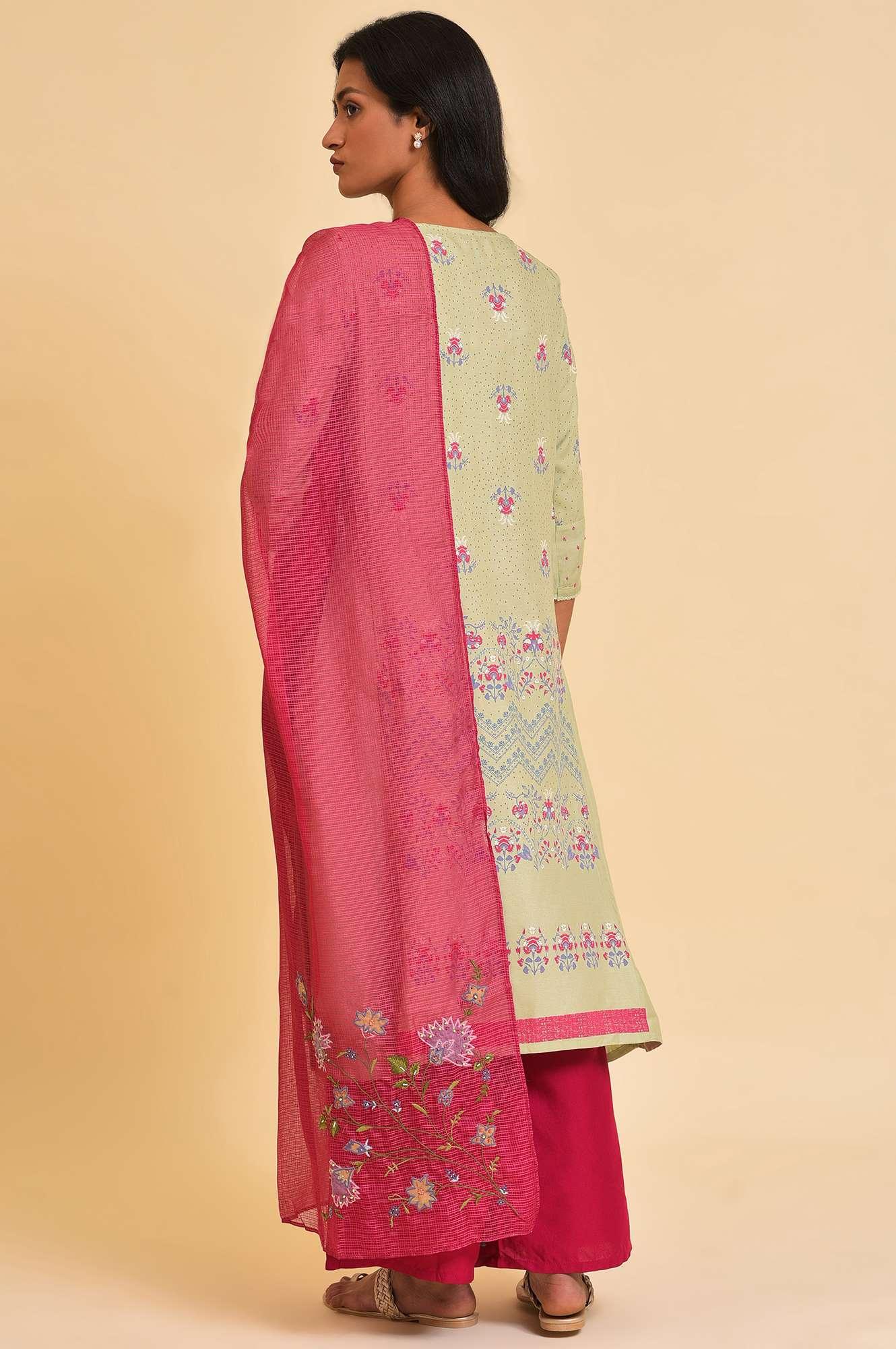 Green Embroidered kurta, Parallel Pants & Dupatta Set - wforwoman