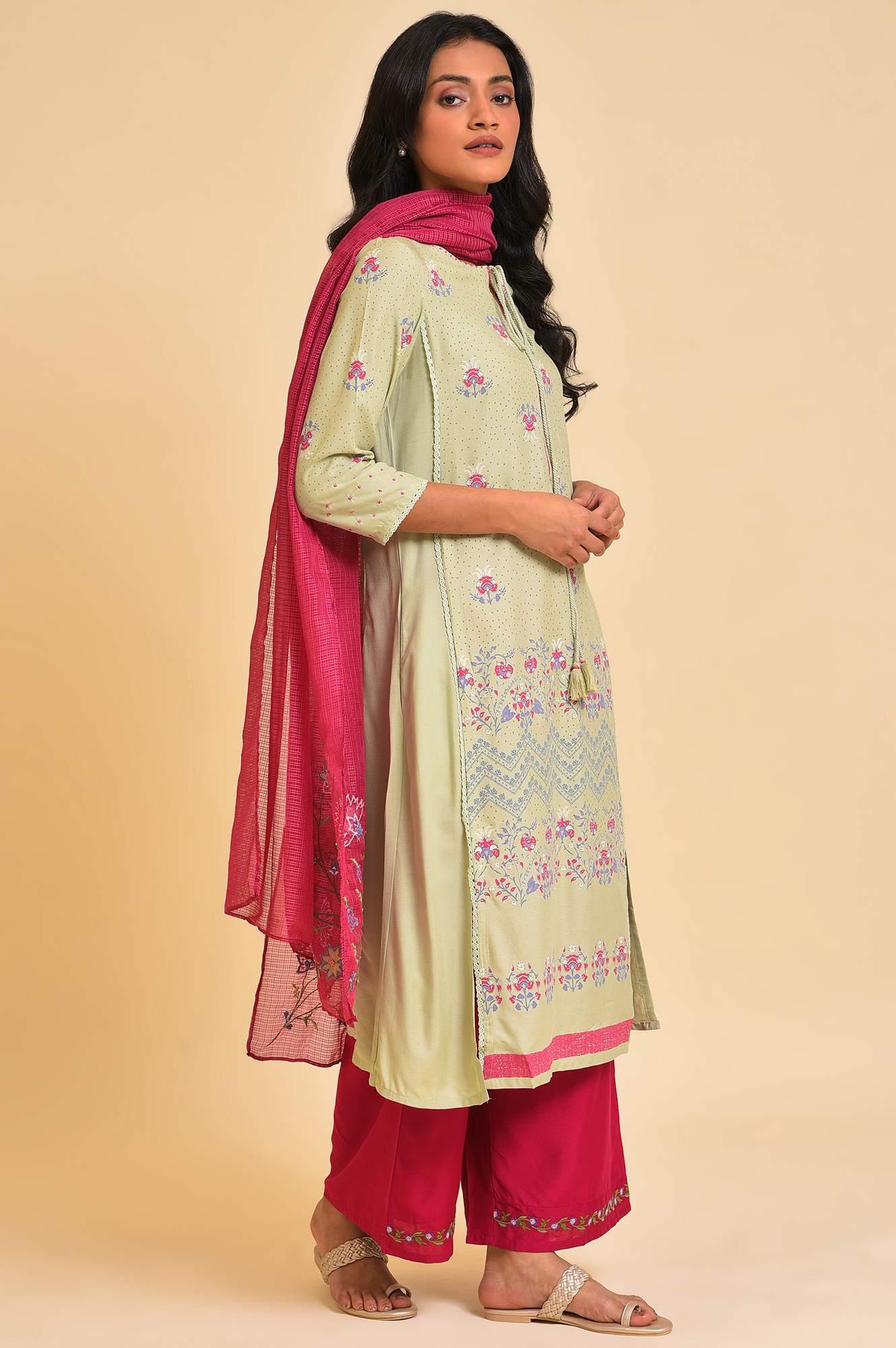Green Embroidered kurta, Parallel Pants & Dupatta Set - wforwoman