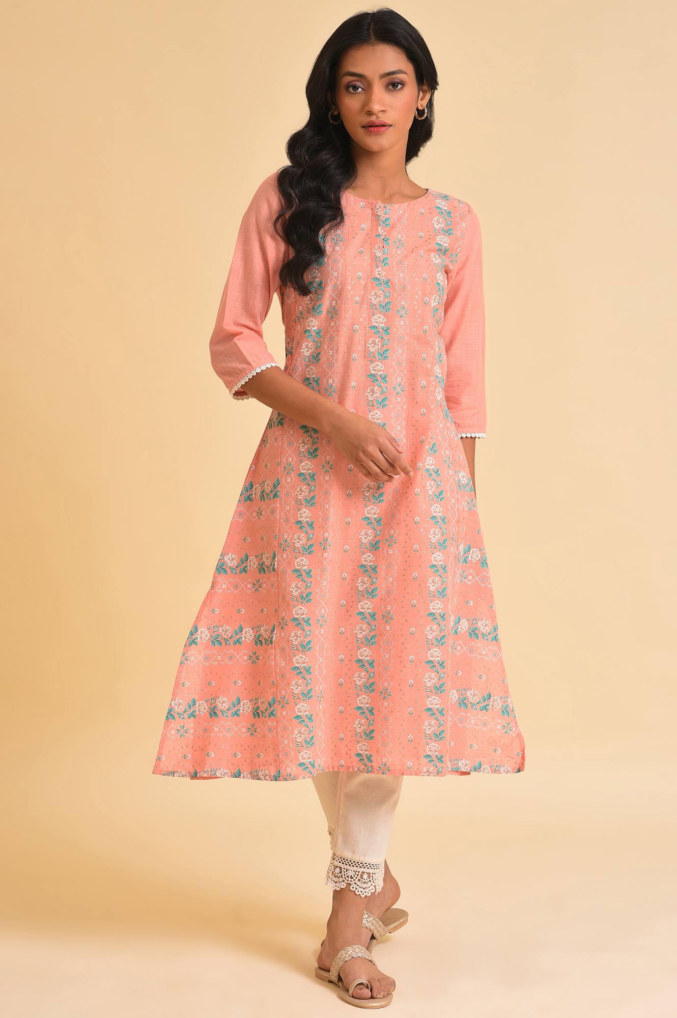 Peach Glitter Printed A-Line kurta & Pants Set - wforwoman