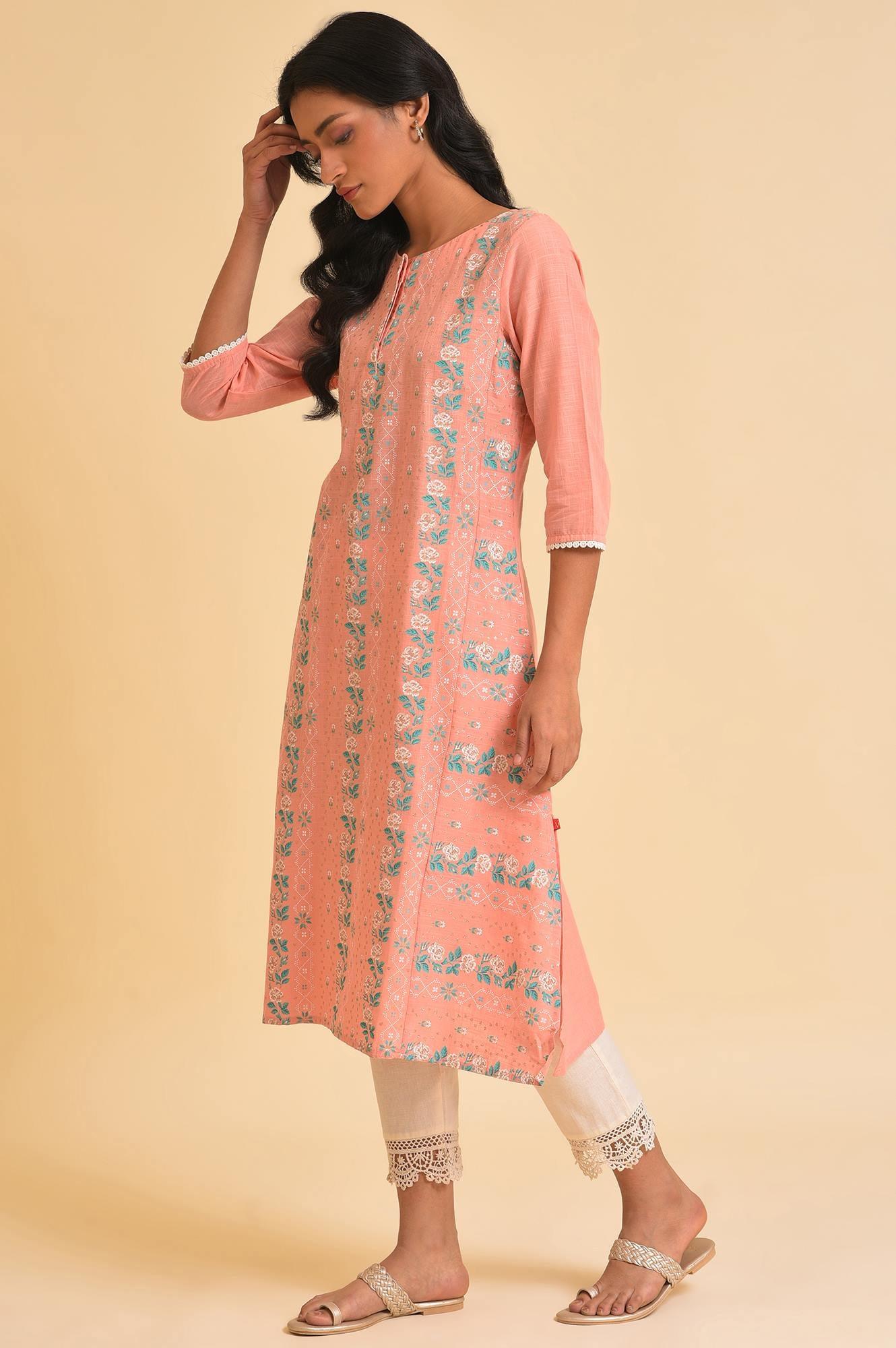 Peach Glitter Printed A-Line kurta & Pants Set - wforwoman