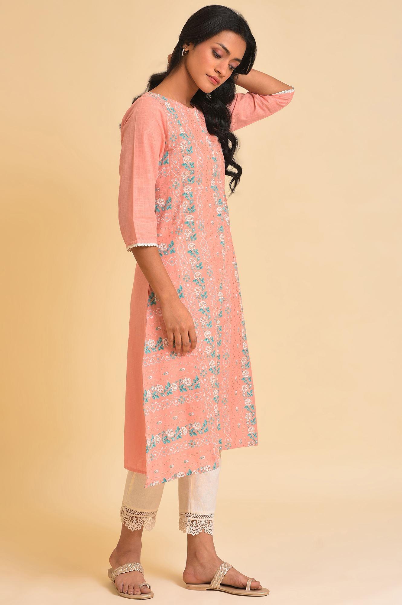 Peach Glitter Printed A-Line kurta & Pants Set - wforwoman