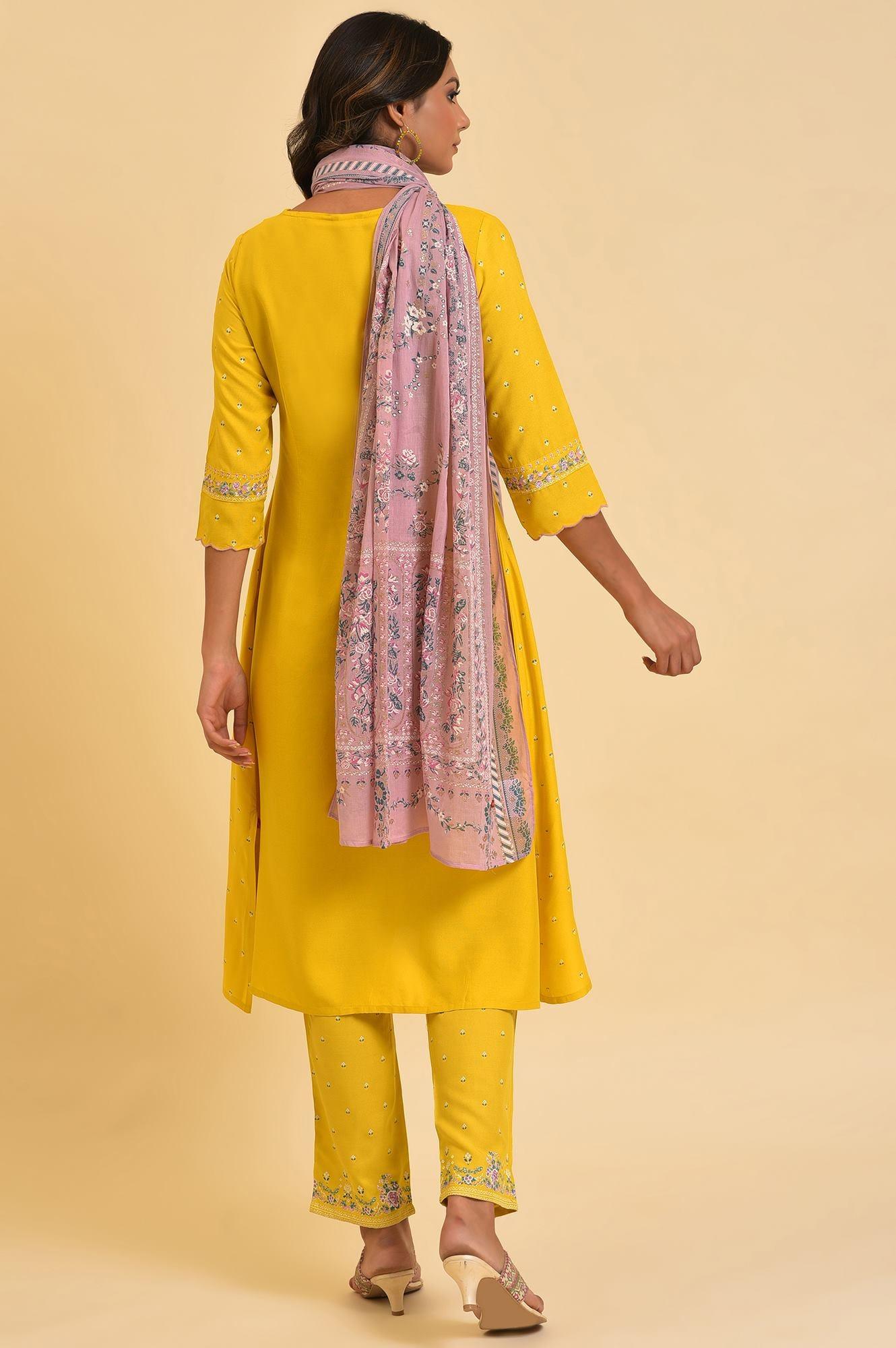 Yellow Glitter Printed Festive kurta, Pants & Dupatta Set - wforwoman