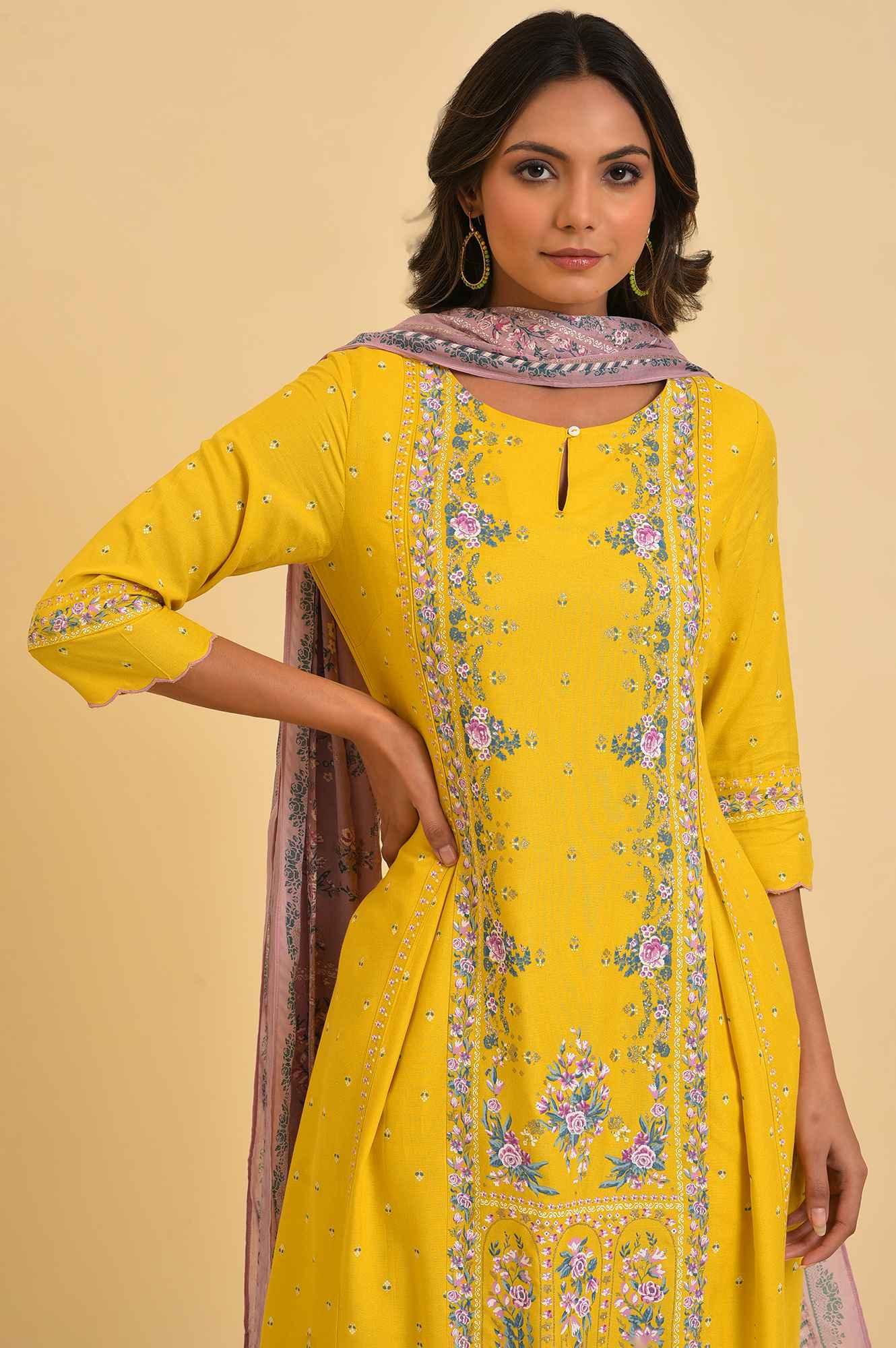 Yellow Glitter Printed Festive kurta, Pants & Dupatta Set - wforwoman
