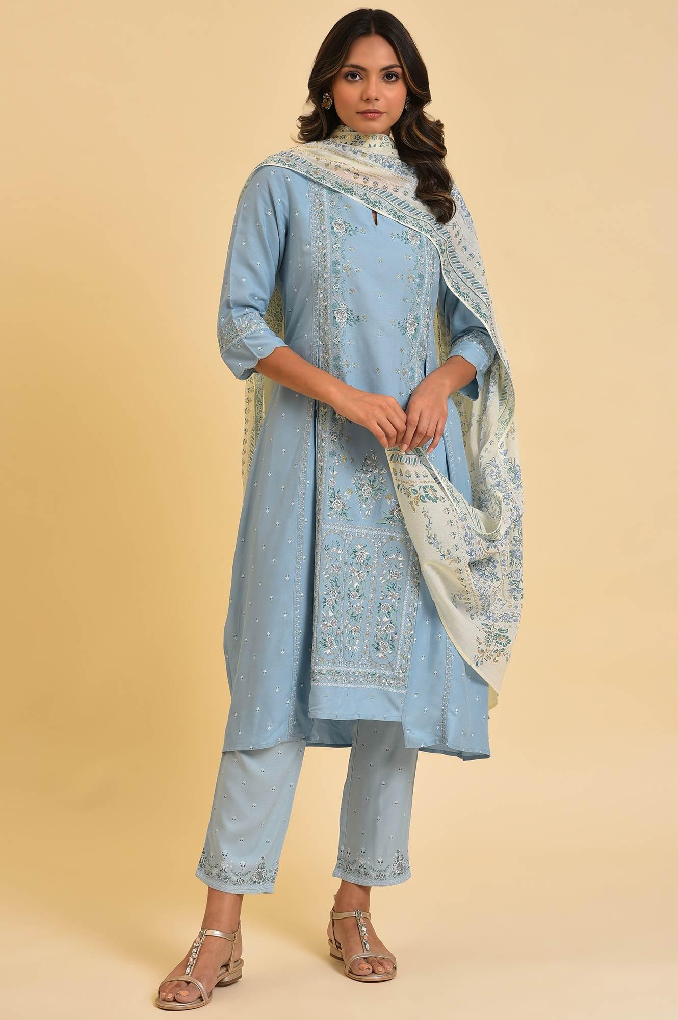 Blue Embellished kurta, Pants & Dupatta Set - wforwoman