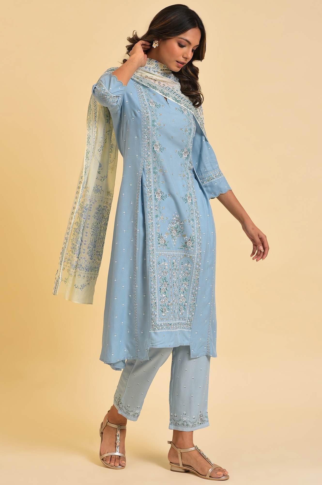 Blue Embellished kurta, Pants & Dupatta Set - wforwoman