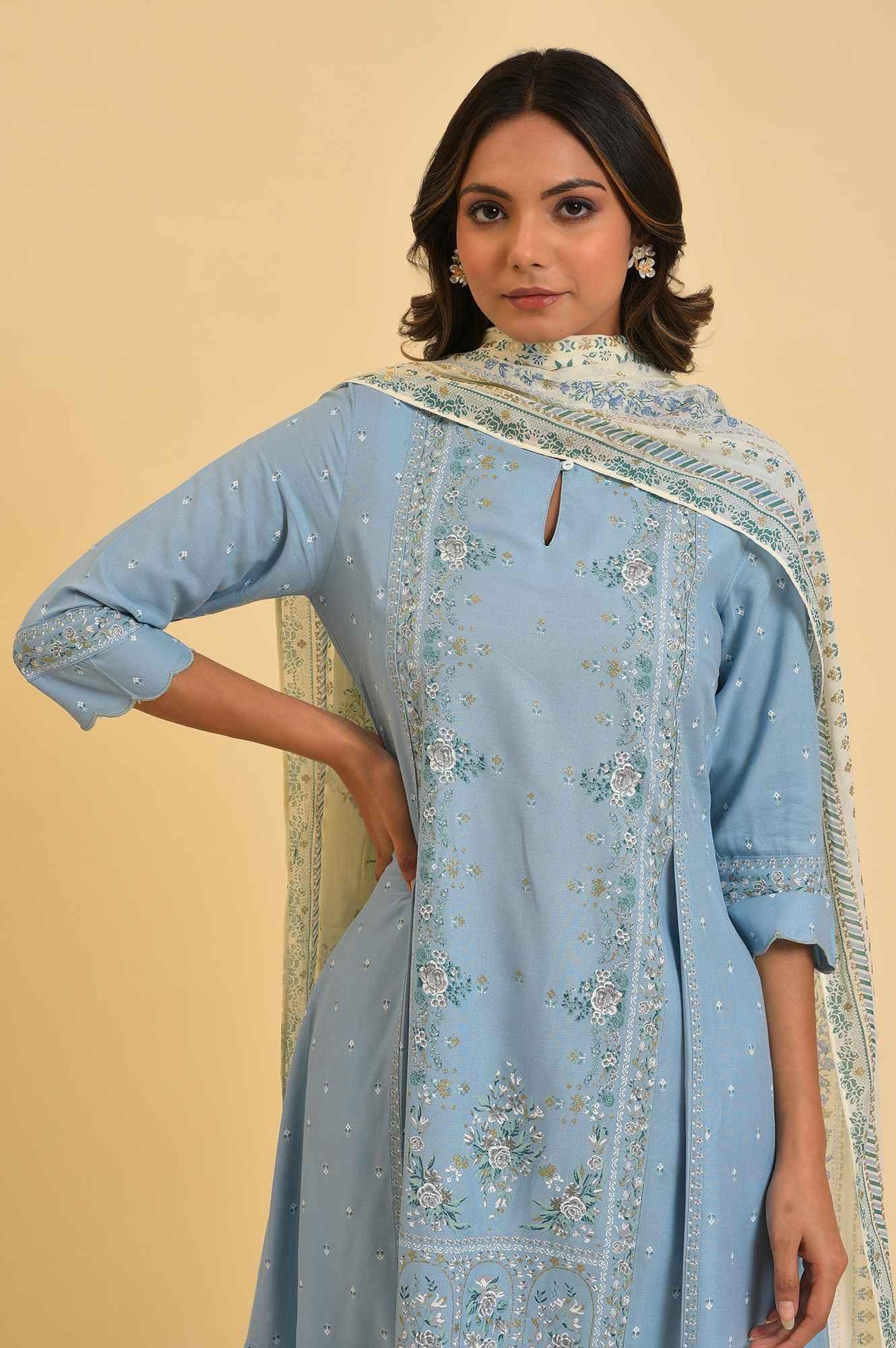 Blue Embellished kurta, Pants & Dupatta Set - wforwoman