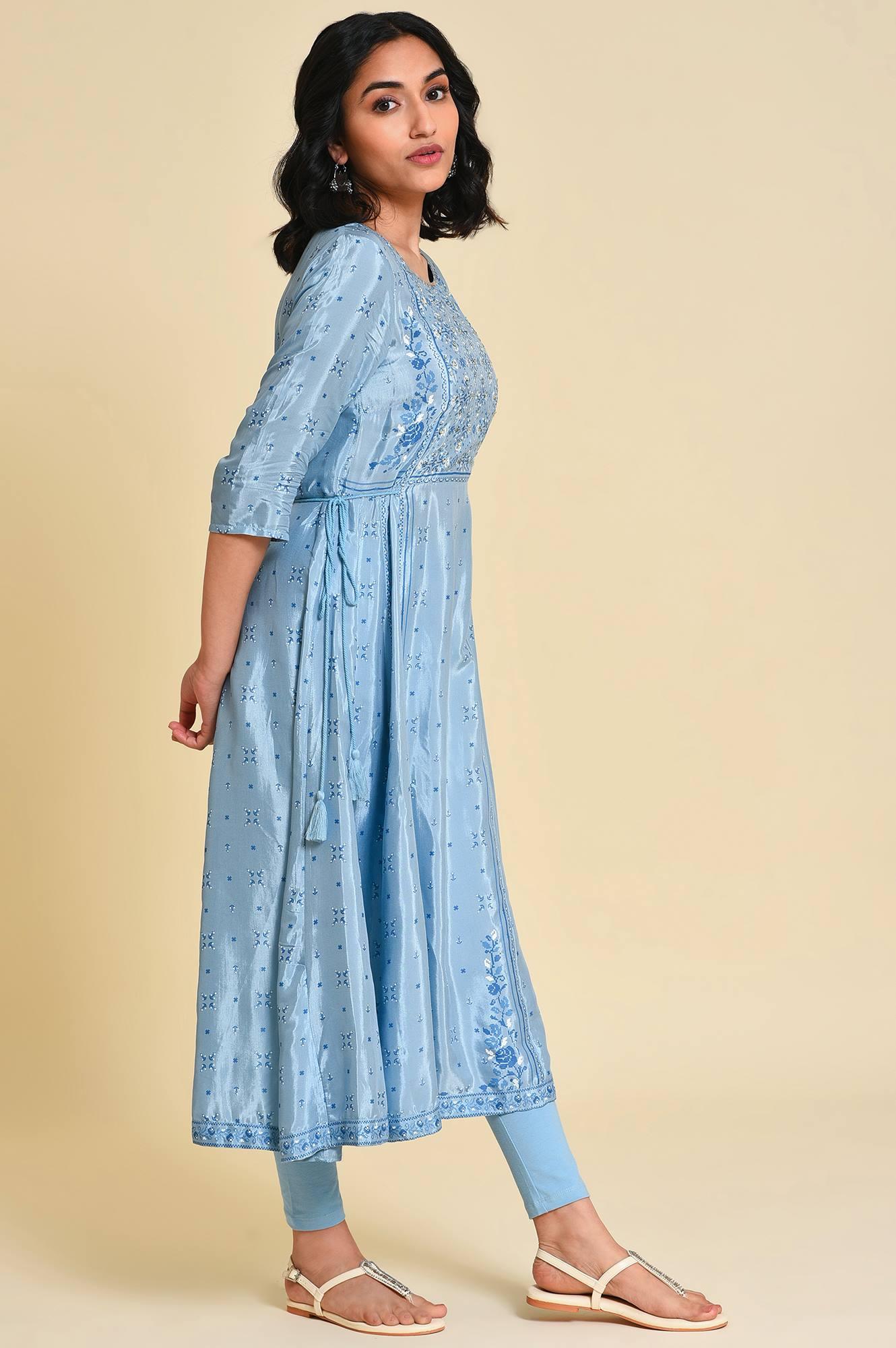 Blue Sequined Shantung kurta Set - wforwoman
