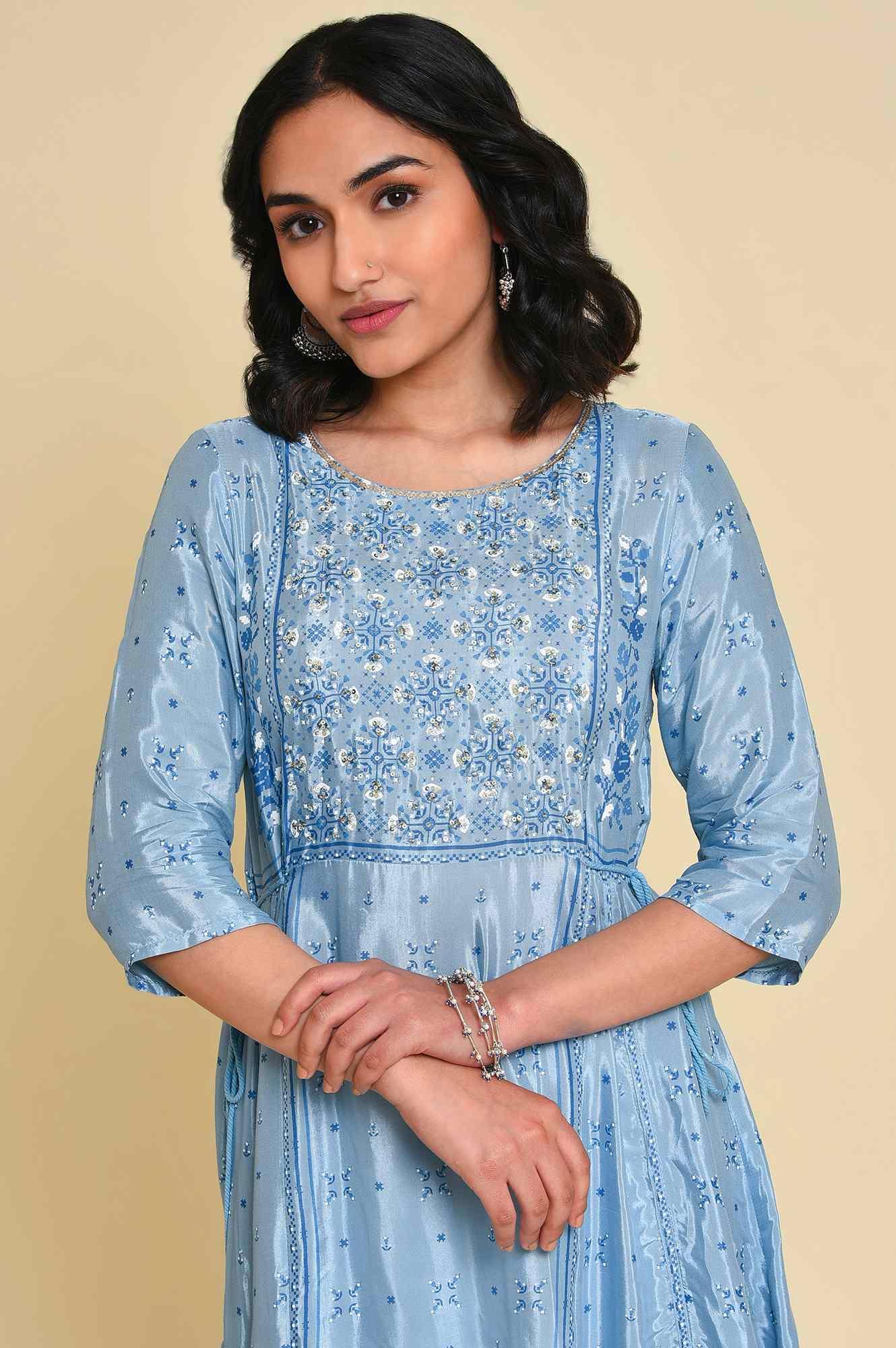 Blue Sequined Shantung kurta Set - wforwoman