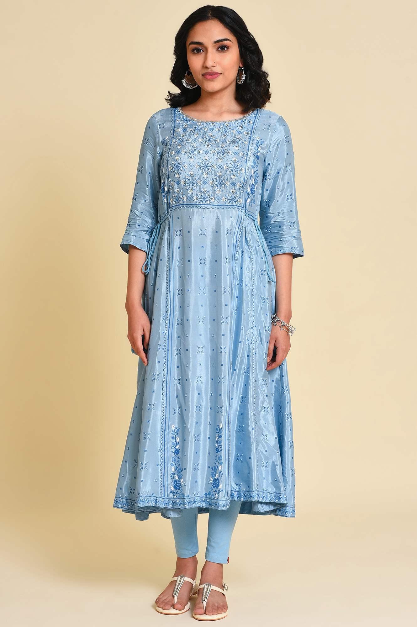 Blue Sequined Shantung kurta Set - wforwoman
