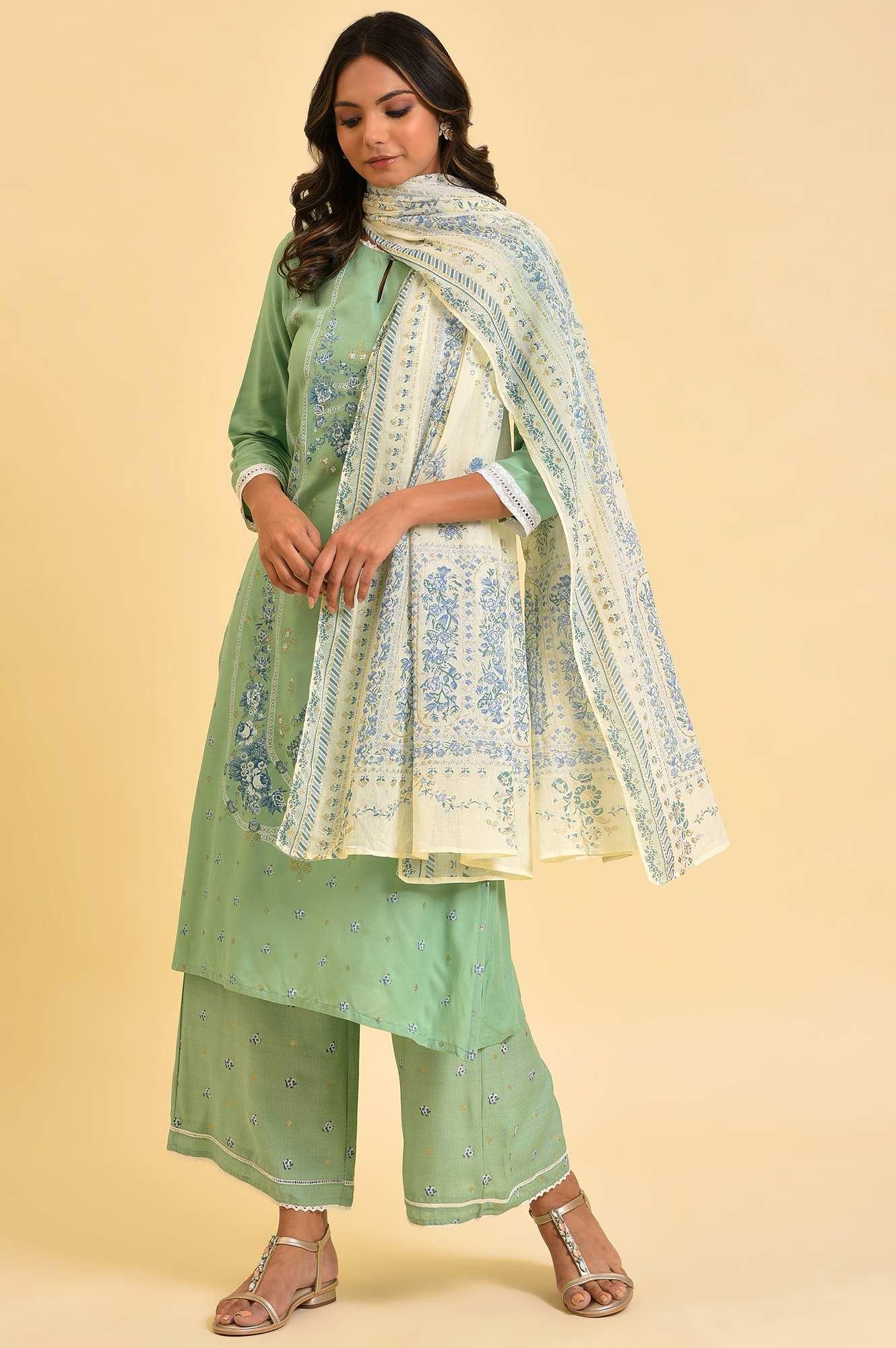 Light Green Printed kurta, Parallel Pants & Dupatta Set - wforwoman