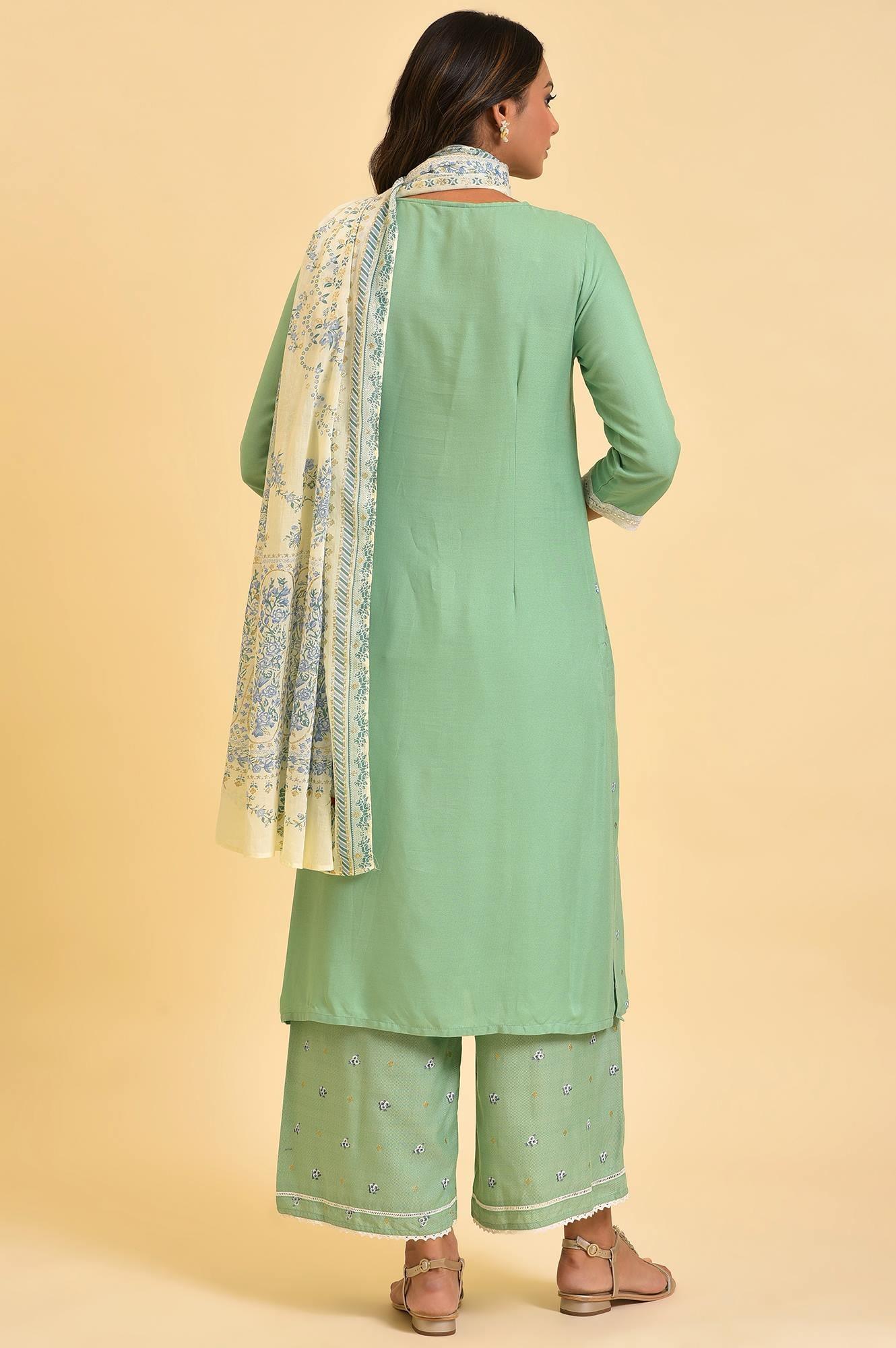 Light Green Printed kurta, Parallel Pants & Dupatta Set - wforwoman