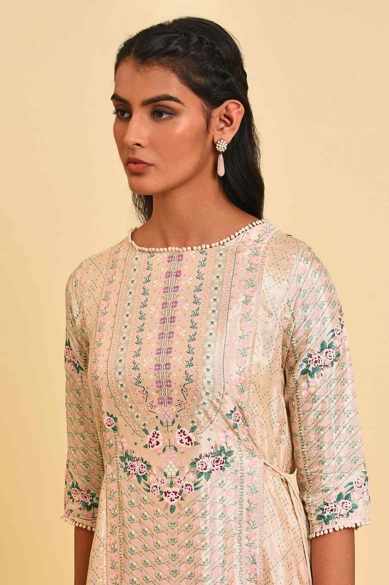 Beige Festive Asymmetric kurta Set - wforwoman