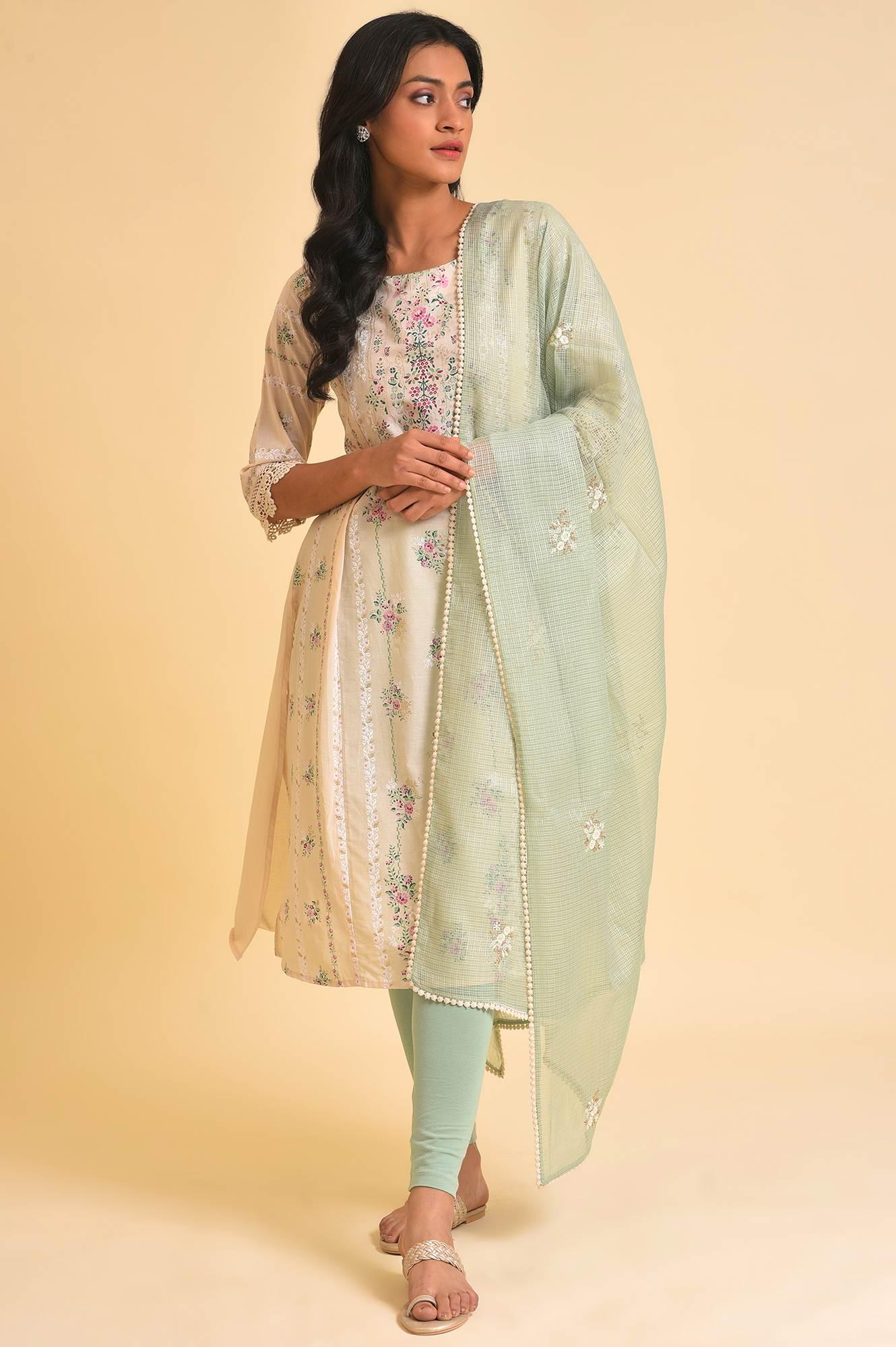Beige Floral Print kurta, Tights & Dupatta Set - wforwoman