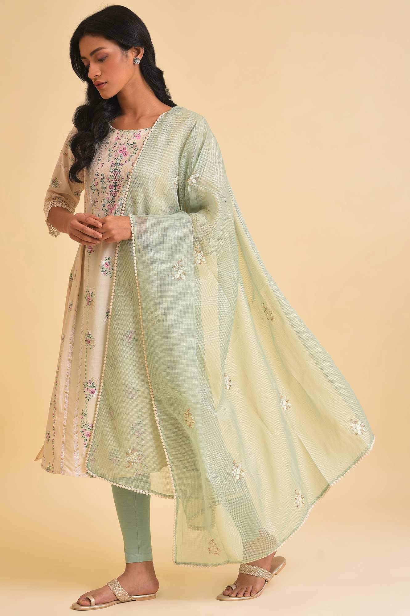 Beige Floral Print kurta, Tights & Dupatta Set - wforwoman