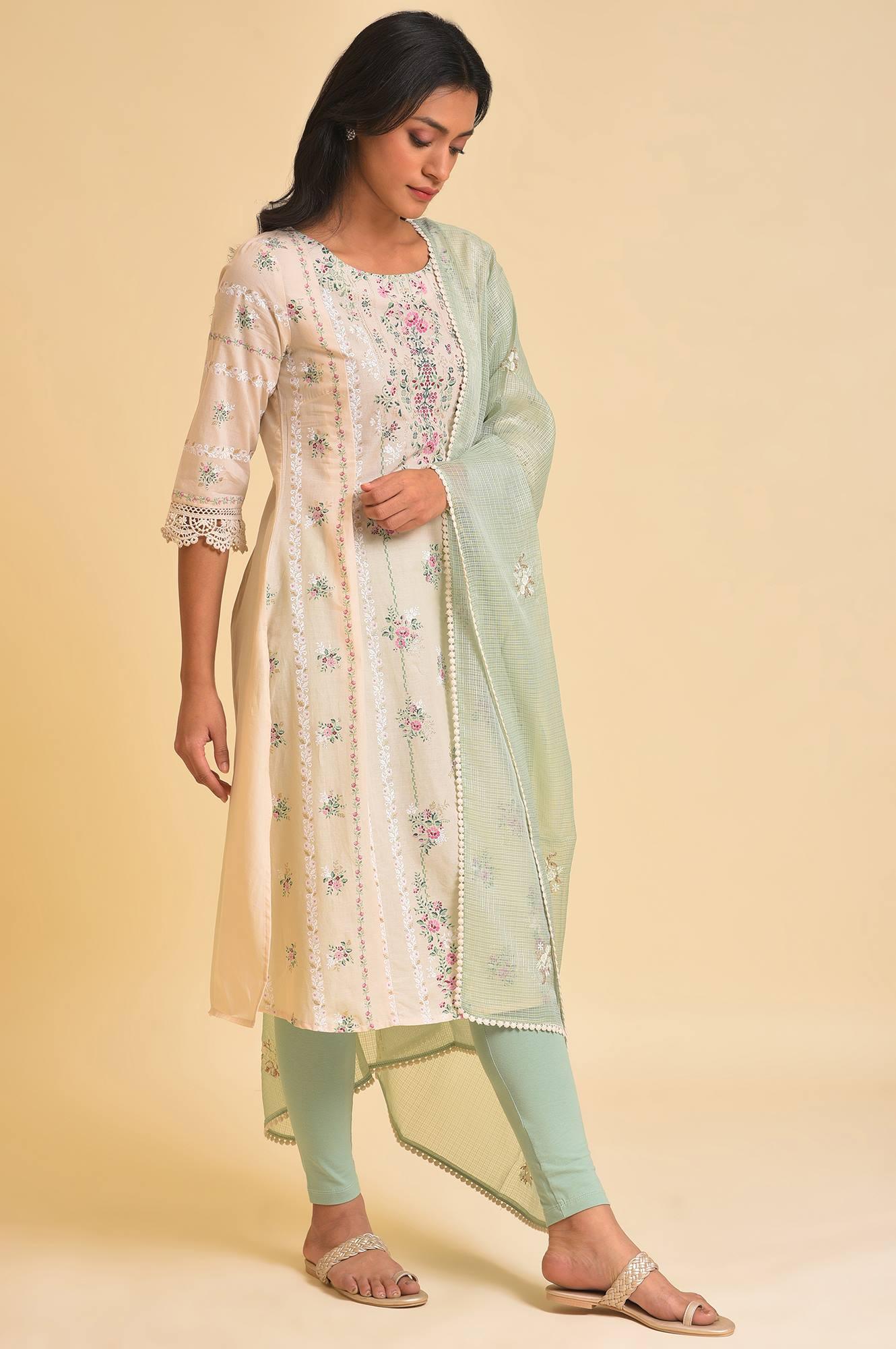 Beige Floral Print kurta, Tights & Dupatta Set - wforwoman