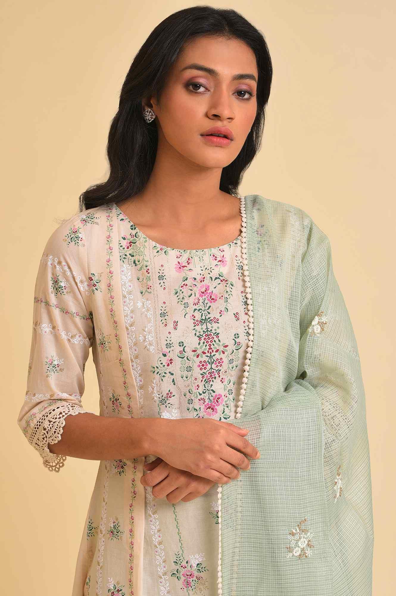 Beige Floral Print kurta, Tights & Dupatta Set - wforwoman