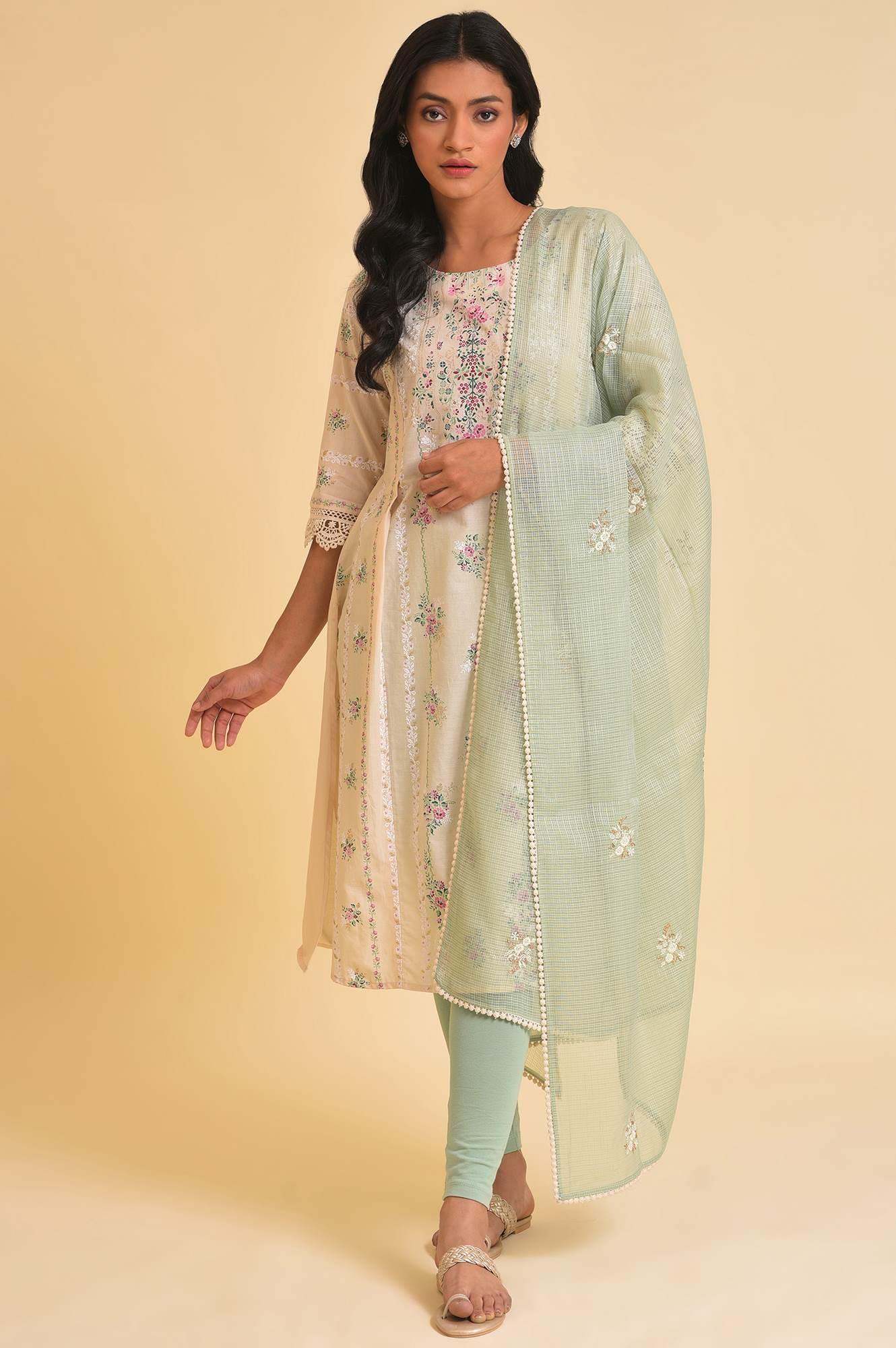 Beige Floral Print kurta, Tights & Dupatta Set - wforwoman
