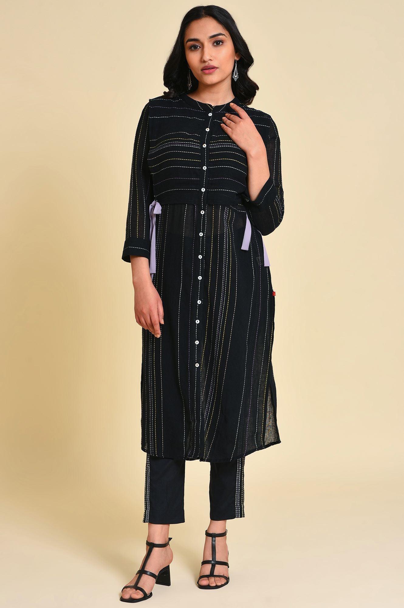 Black Mock Vest kurta Set - wforwoman