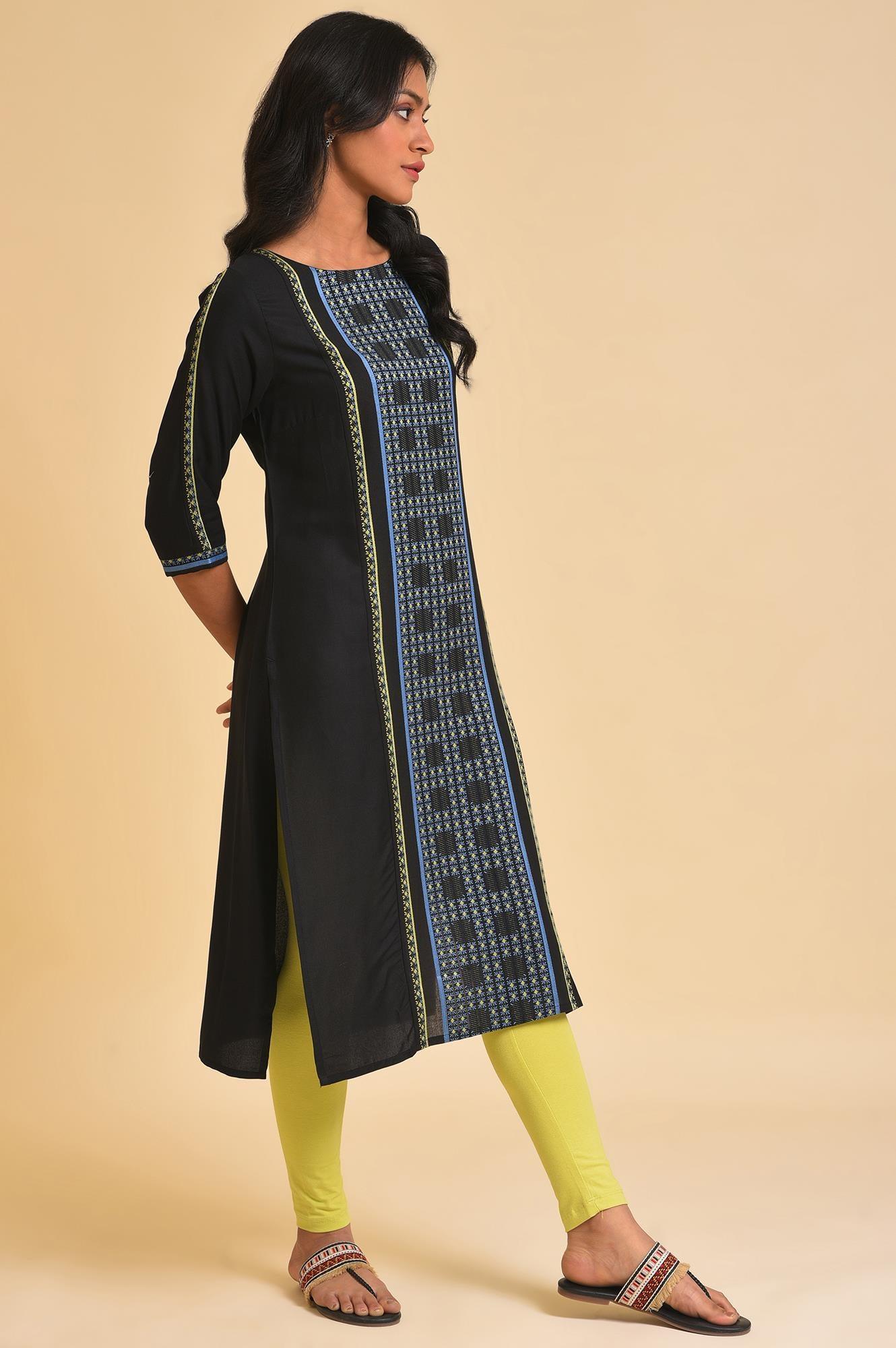 Black Printed kurta & Tights Set - wforwoman