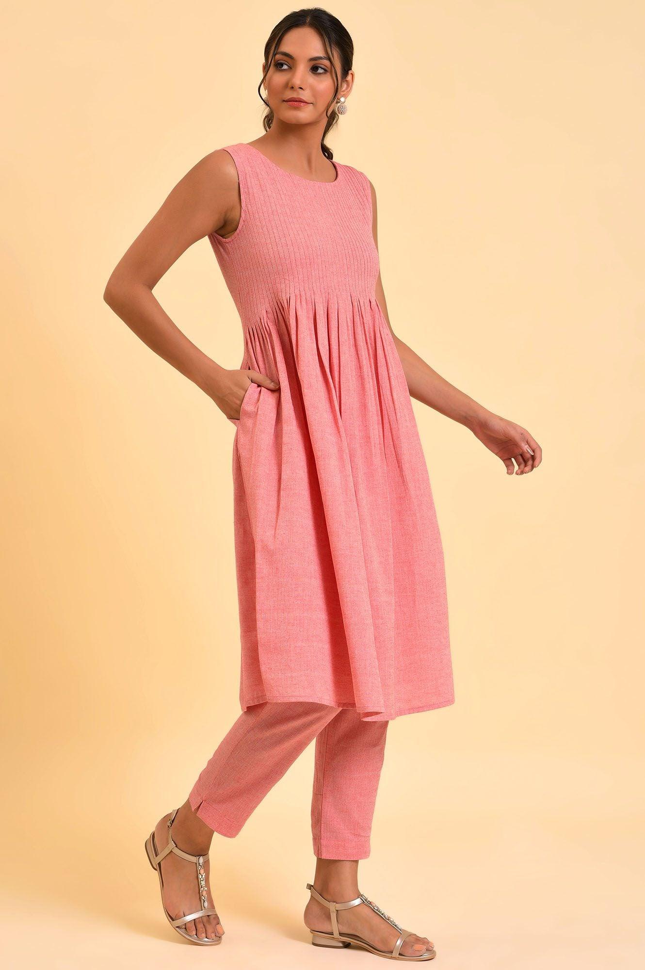 Red Cotton Pleated Sleeveless kurta & Pants Co-Ord Set - wforwoman