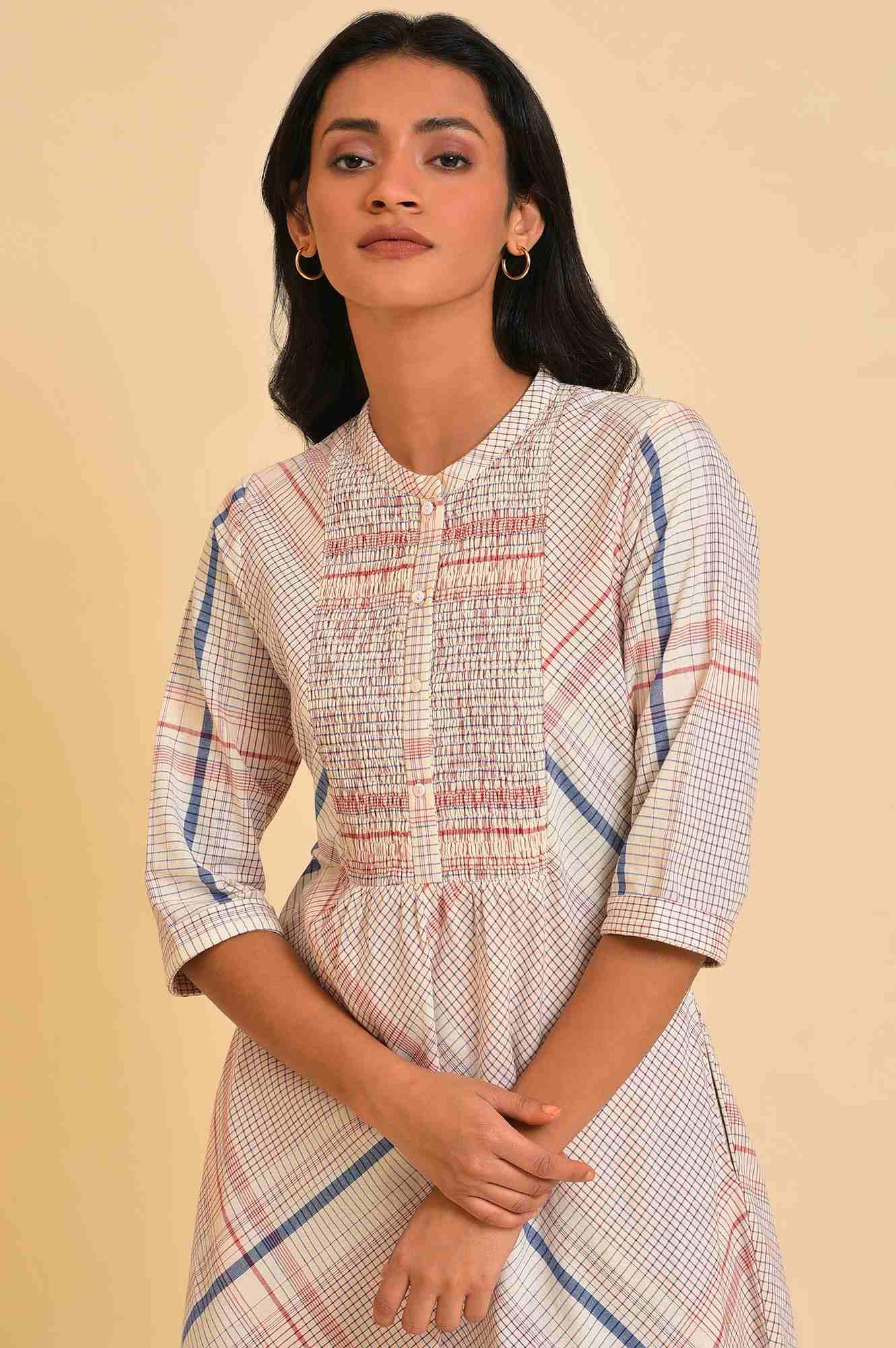 Ecru Bold Checks A-Line kurta & Pants Co-Ord Set - wforwoman