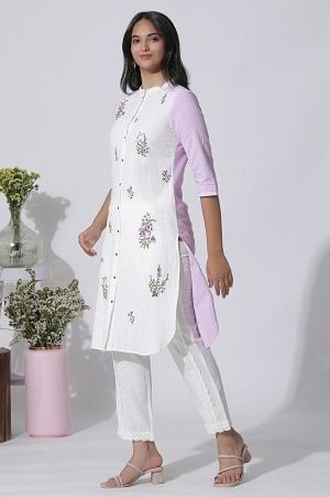 White & Purple Embroidered Cotton Kurta And Pants Set