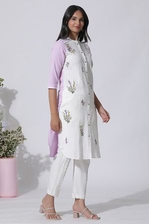 White & Purple Embroidered Cotton Kurta And Pants Set