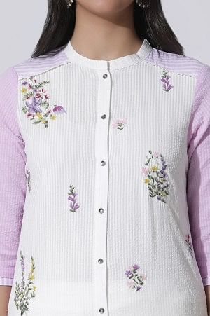 White & Purple Embroidered Cotton Kurta And Pants Set