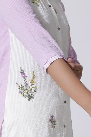 White & Purple Embroidered Cotton Kurta And Pants Set