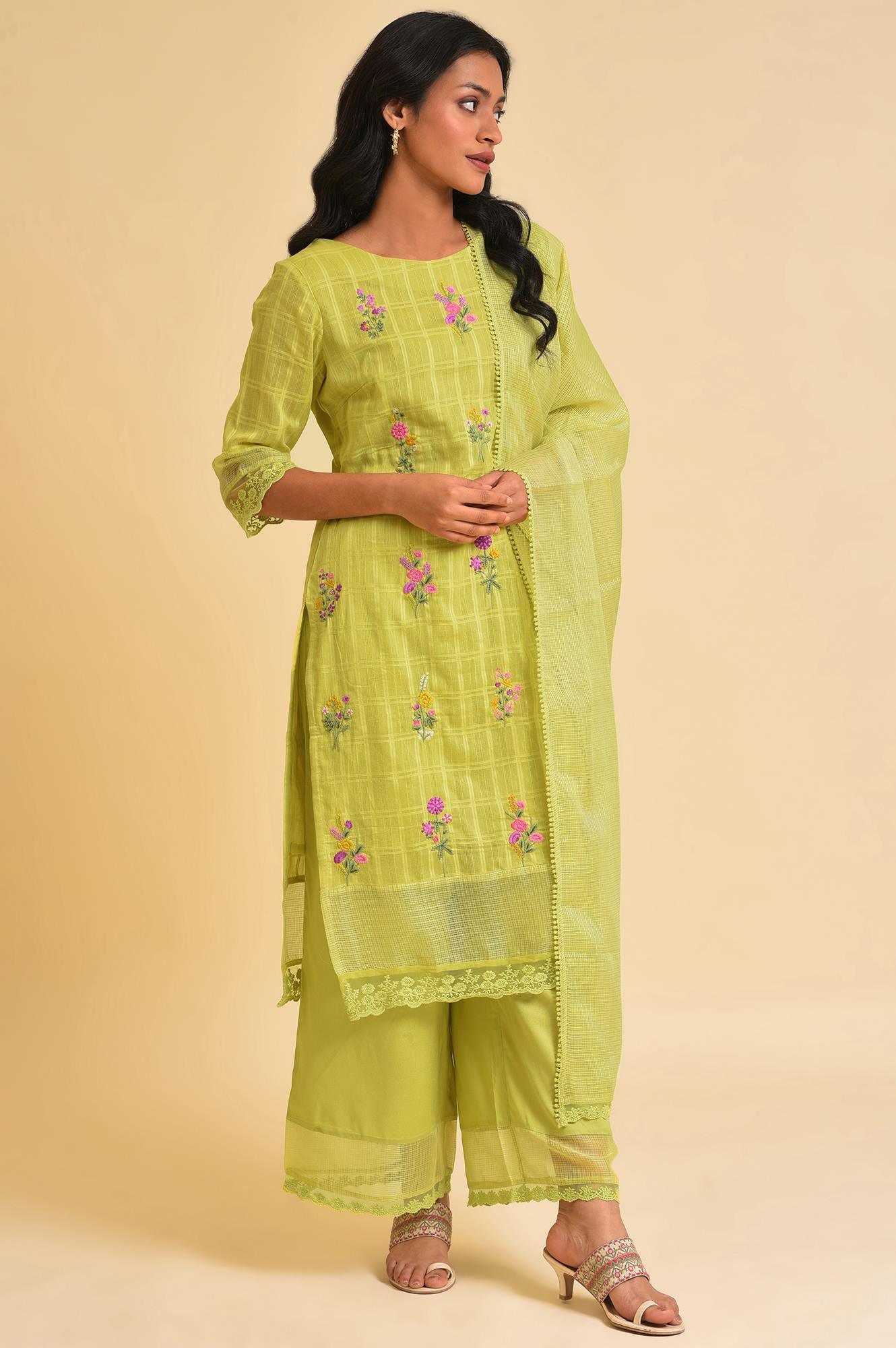 Light Green Textured Cotton Embroidered kurta, Parallel Pants & Dupatta Set - wforwoman
