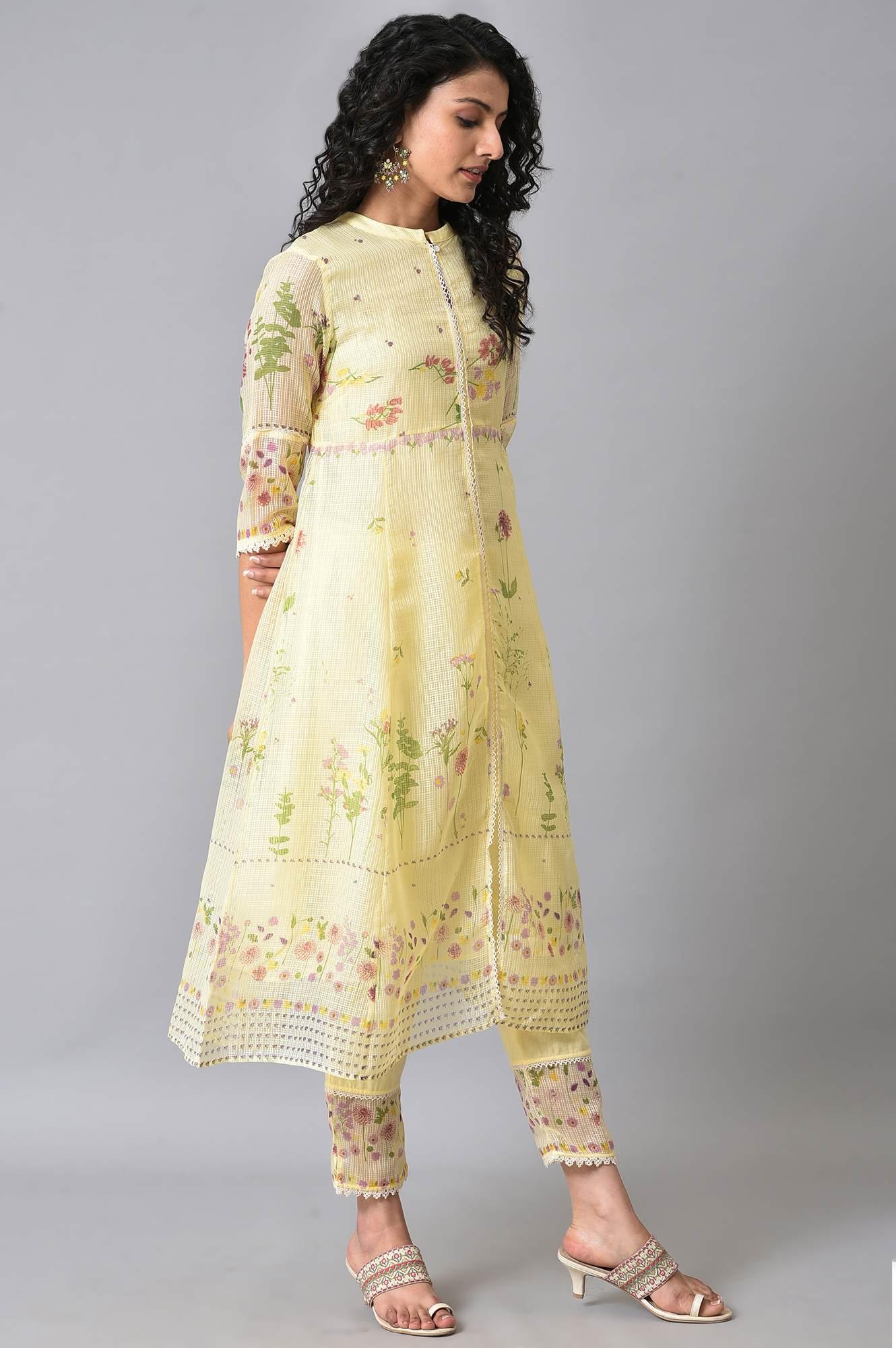 Light Yellow Printed Kota kurta Set - wforwoman