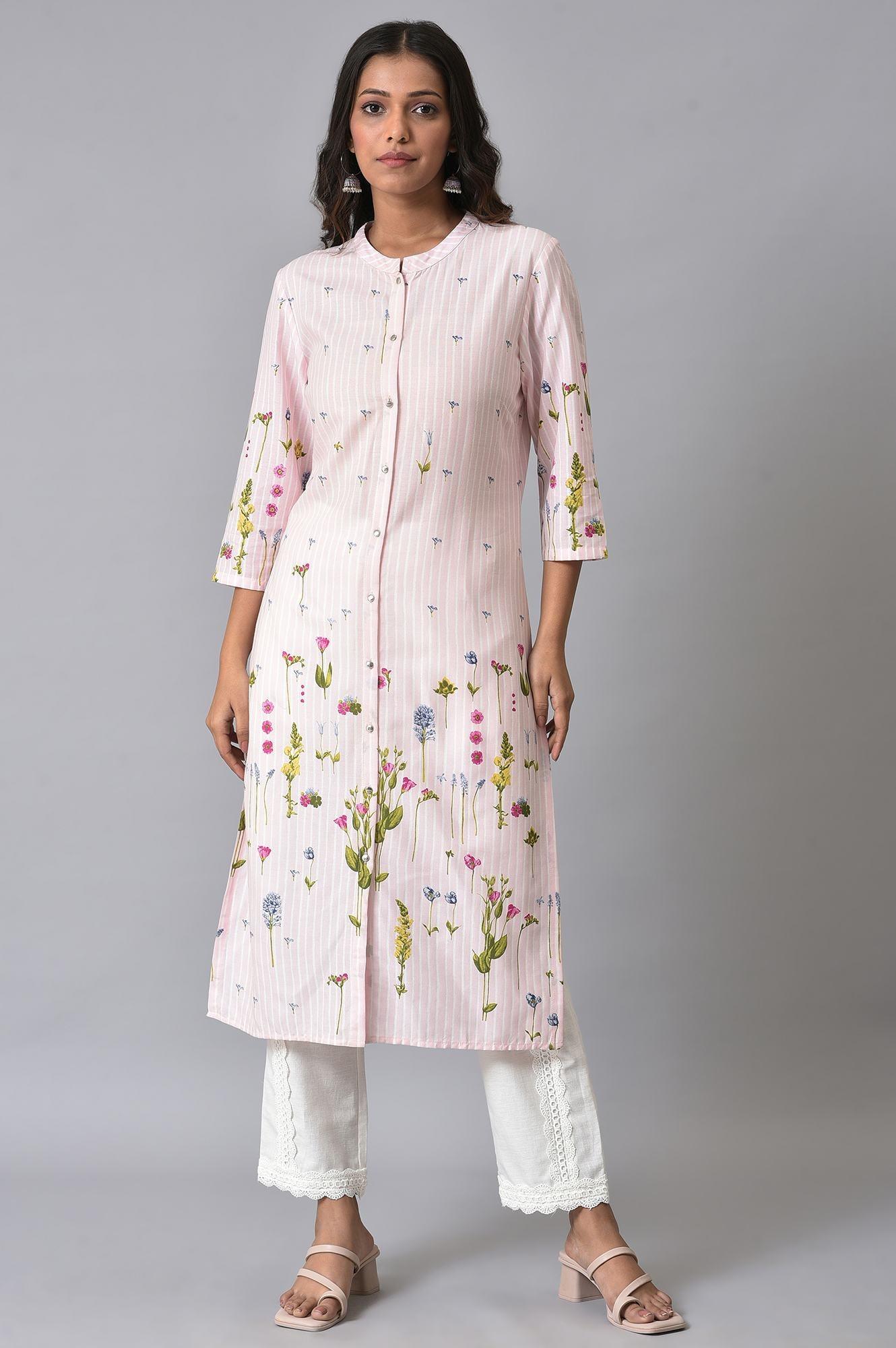 Light Pink Floral Printer Summer kurta Set - wforwoman