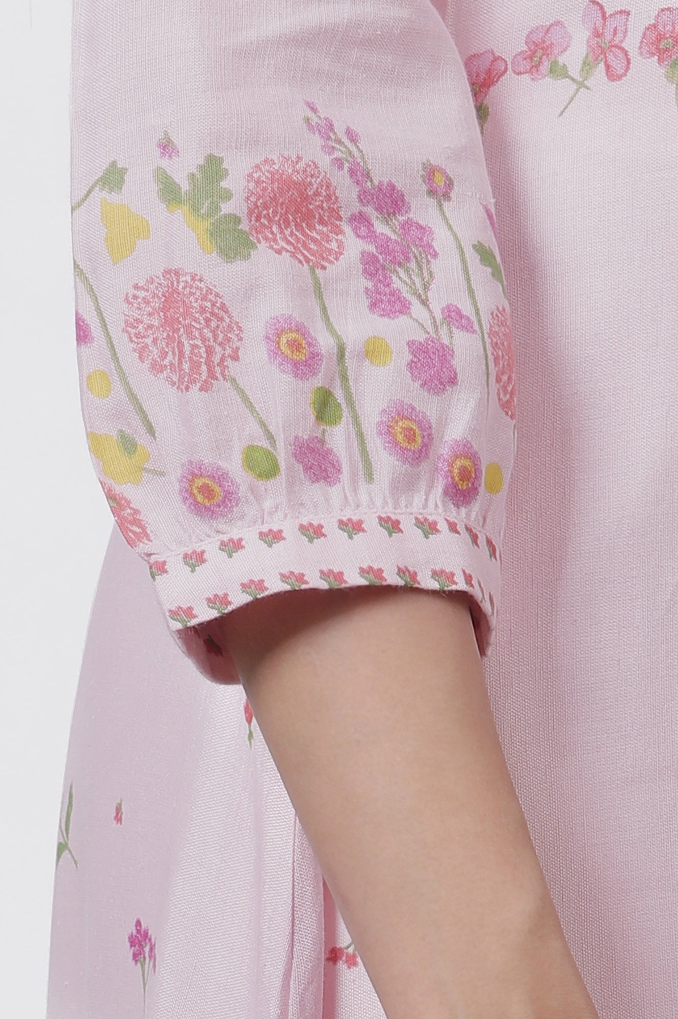 Pink Floral Printed A-Line Kurta, Pants And Kota Dupatta Set