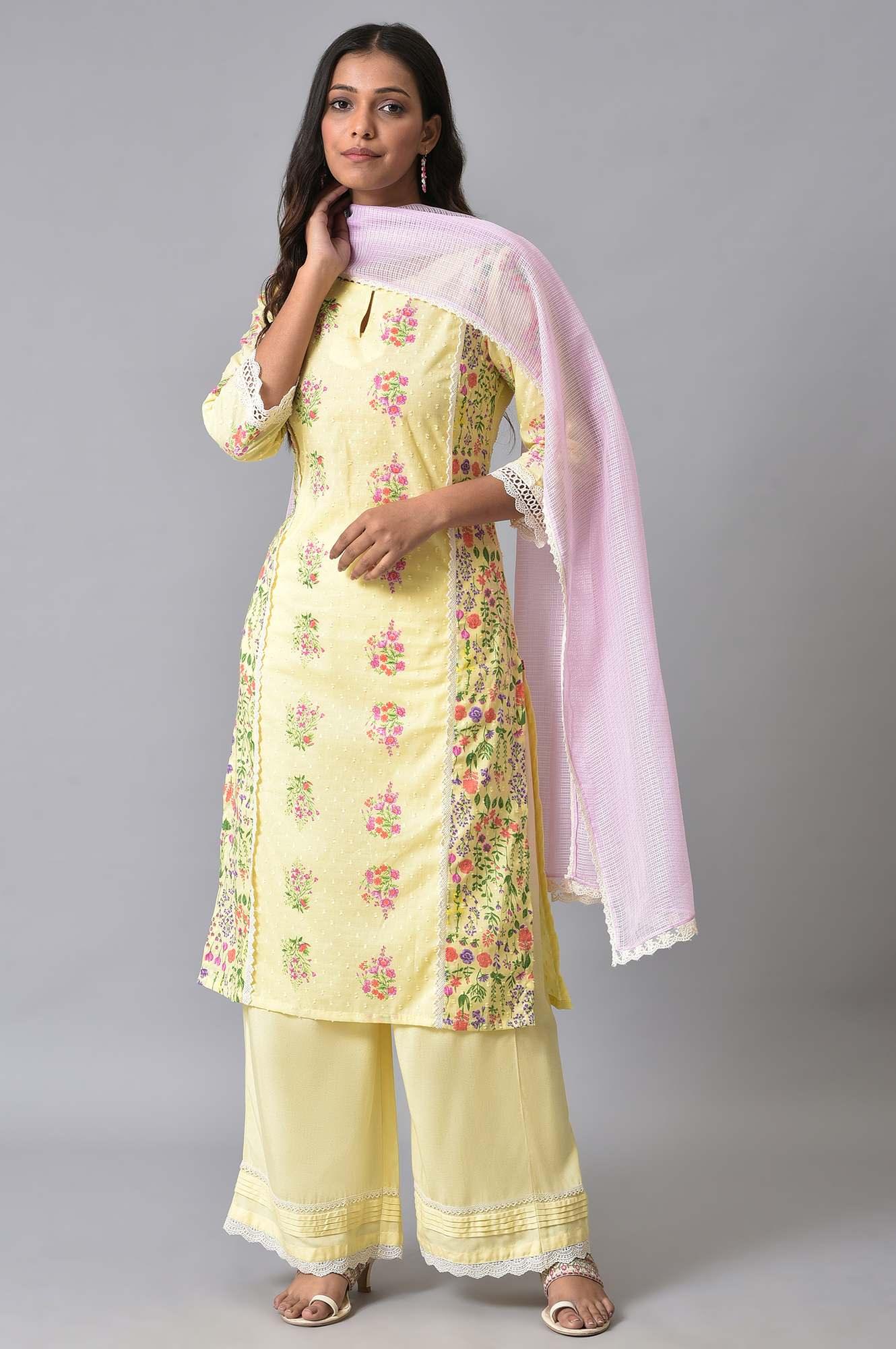 Yellow Panelled Floral Print kurta Set - wforwoman