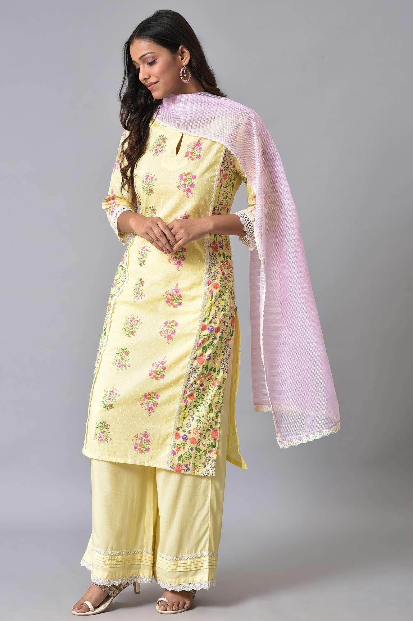 Yellow Panelled Floral Print kurta Set - wforwoman