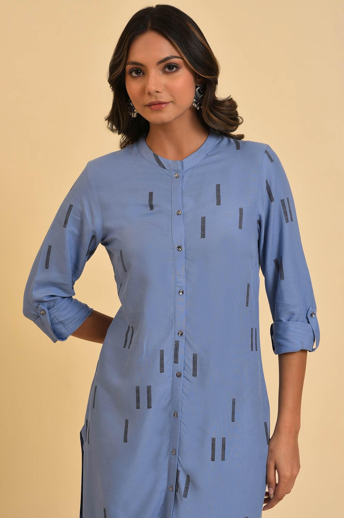 Blue Geometric Print Shirt kurta & Pants Set - wforwoman