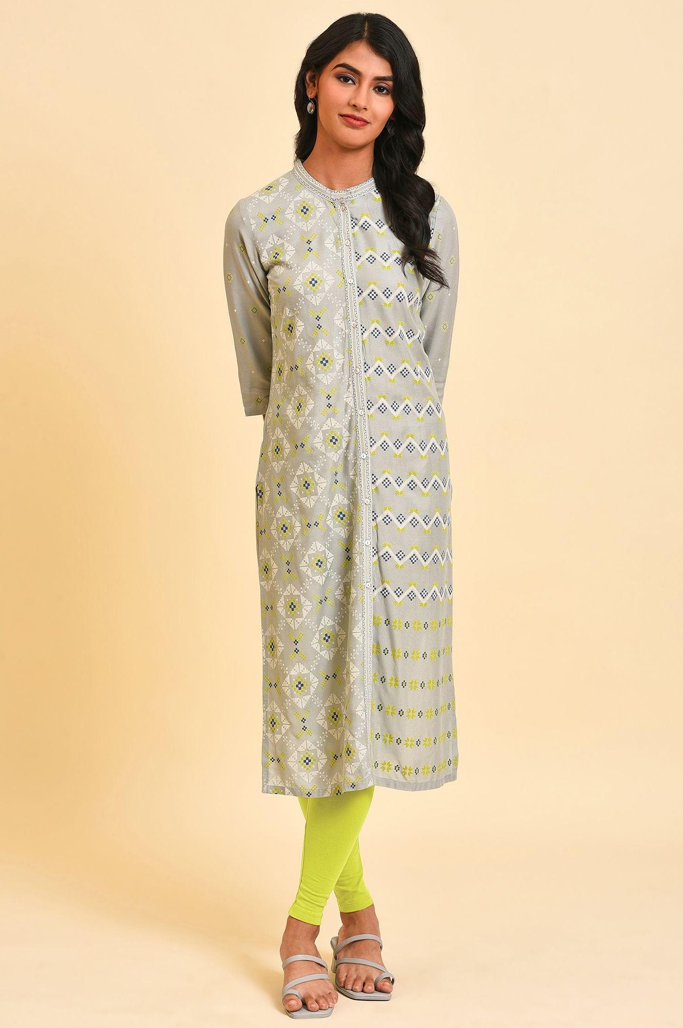 Grey Geometric Print kurta Set - wforwoman