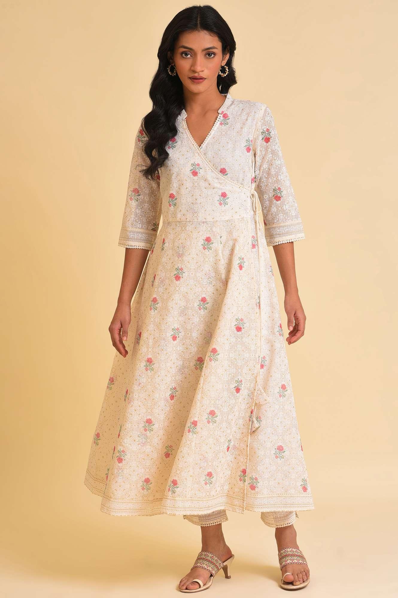 Ecru Glitter Printed Angrakha kurta & Pants Set - wforwoman