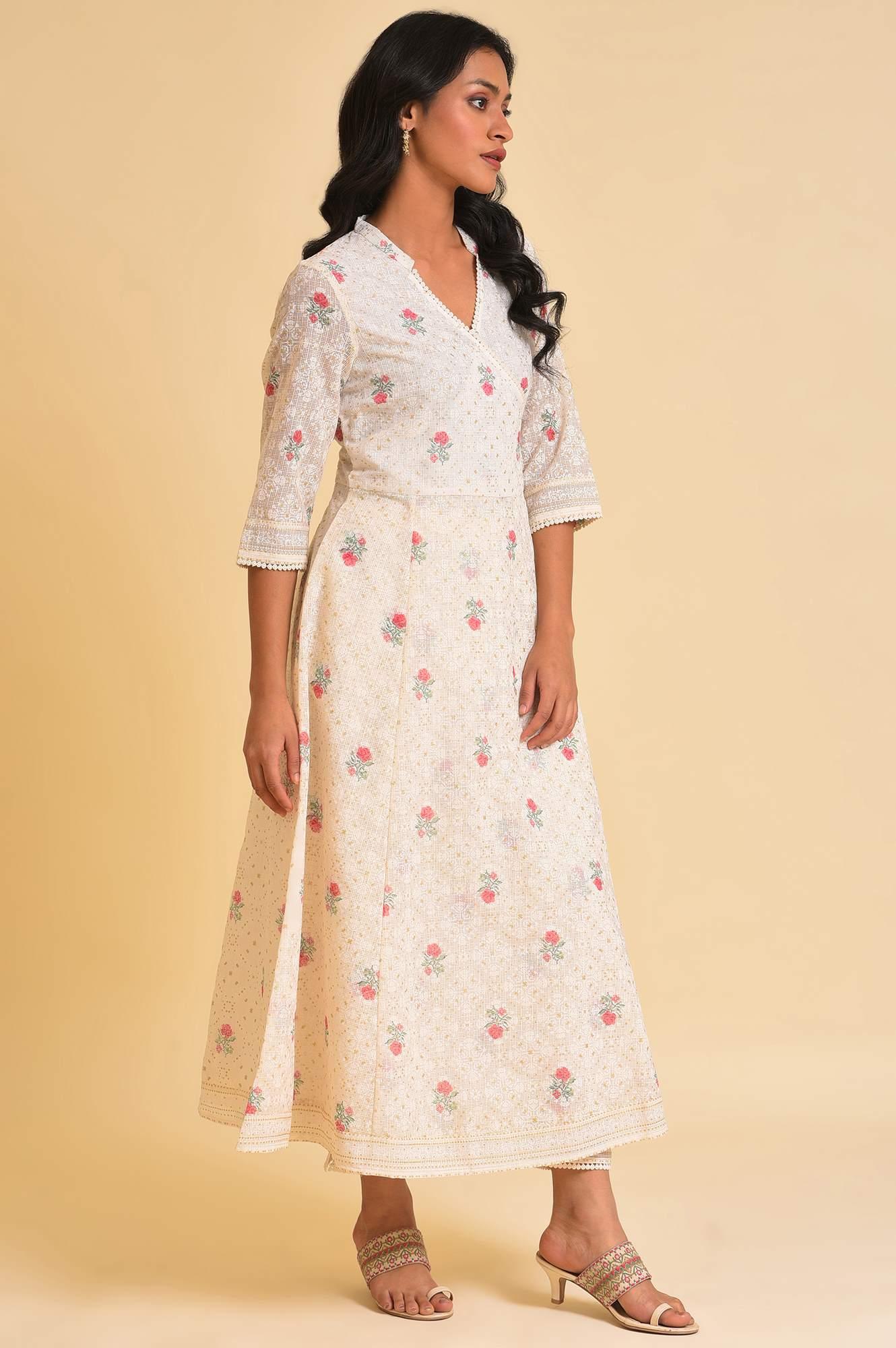 Plus Size Ecru Glitter Printed Angrakha kurta & Pants Set - wforwoman