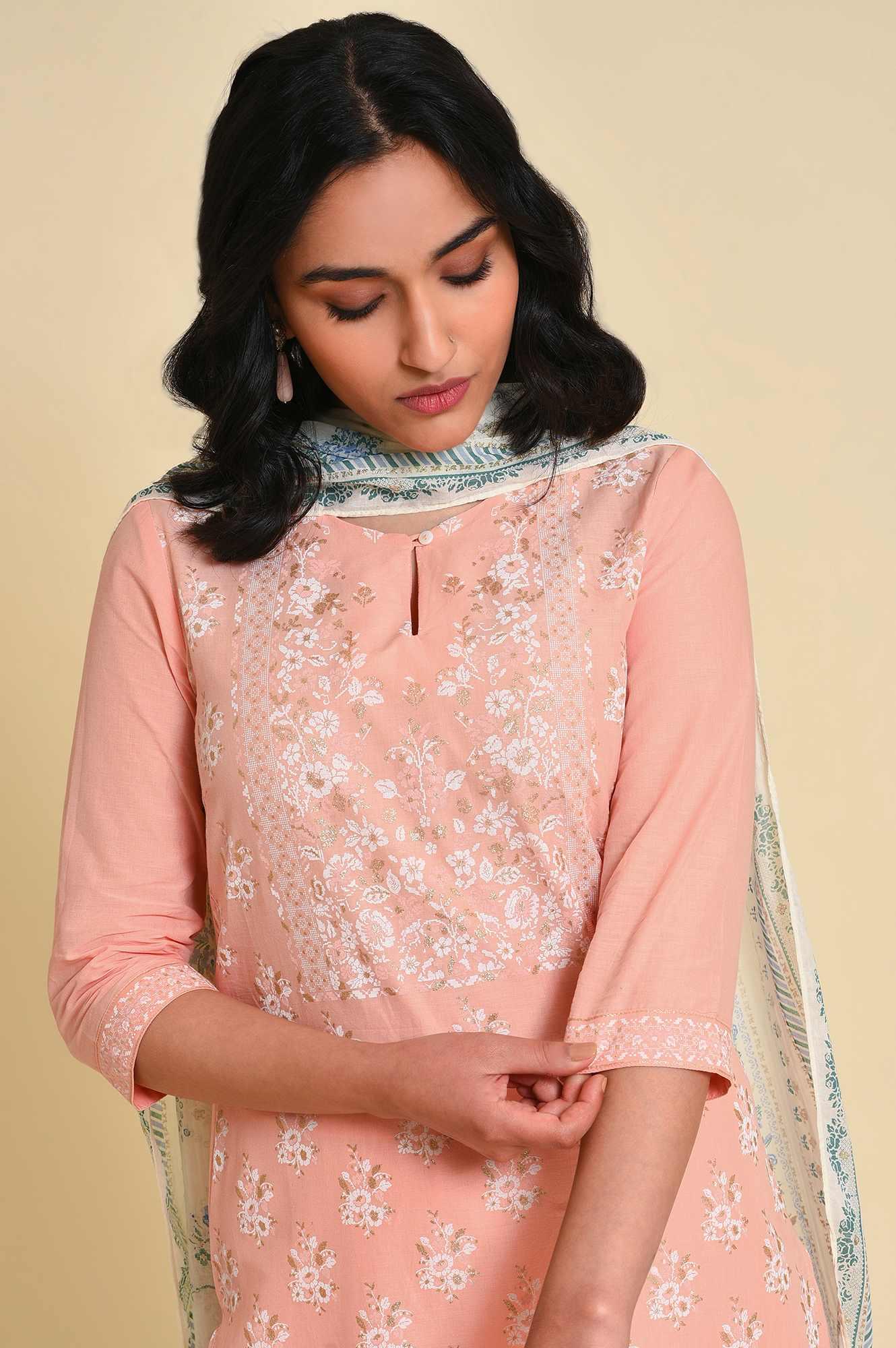 Peach Glitter Printed kurta Set - wforwoman