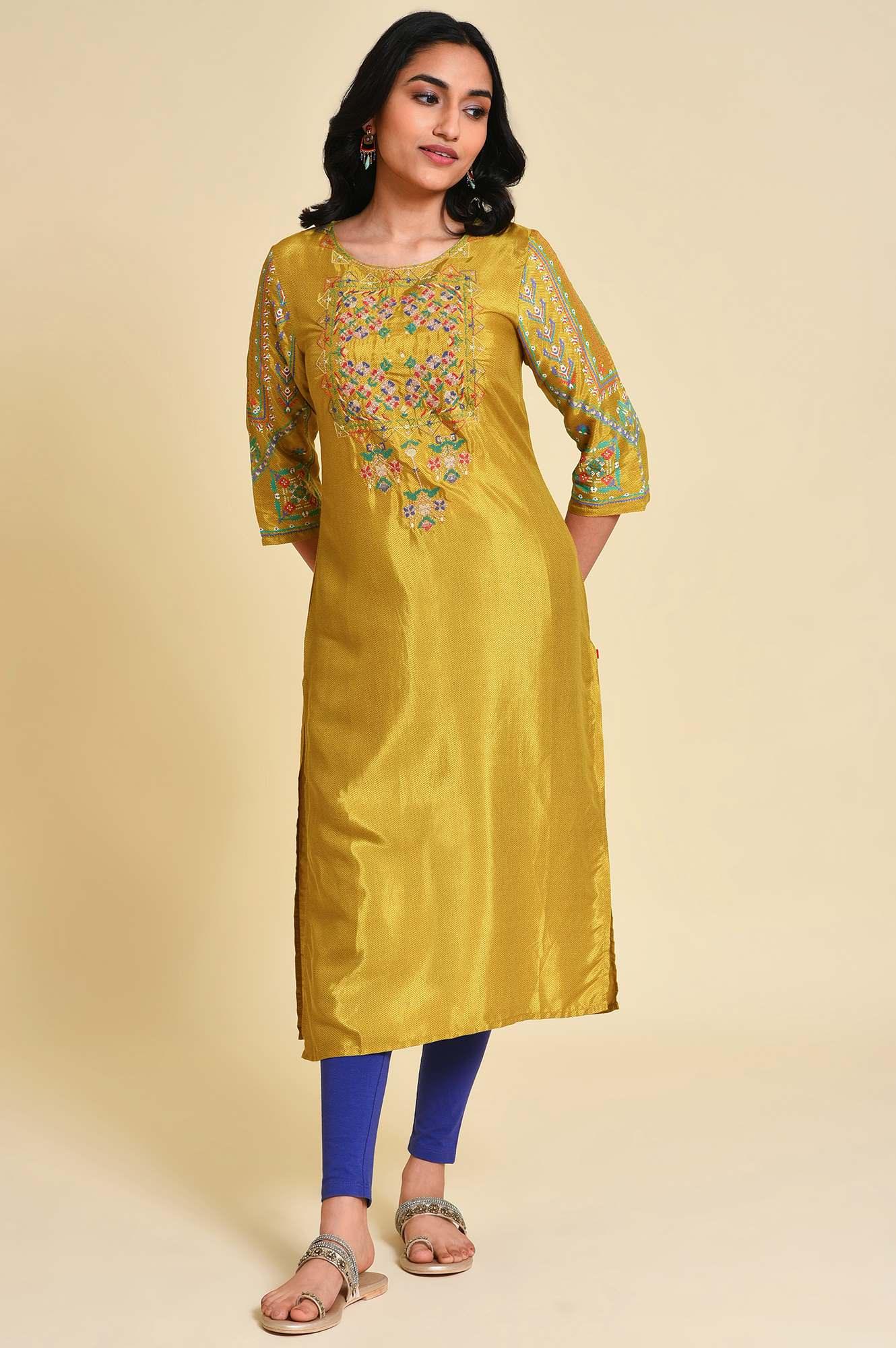 Mustard Embroidered kurta Set - wforwoman