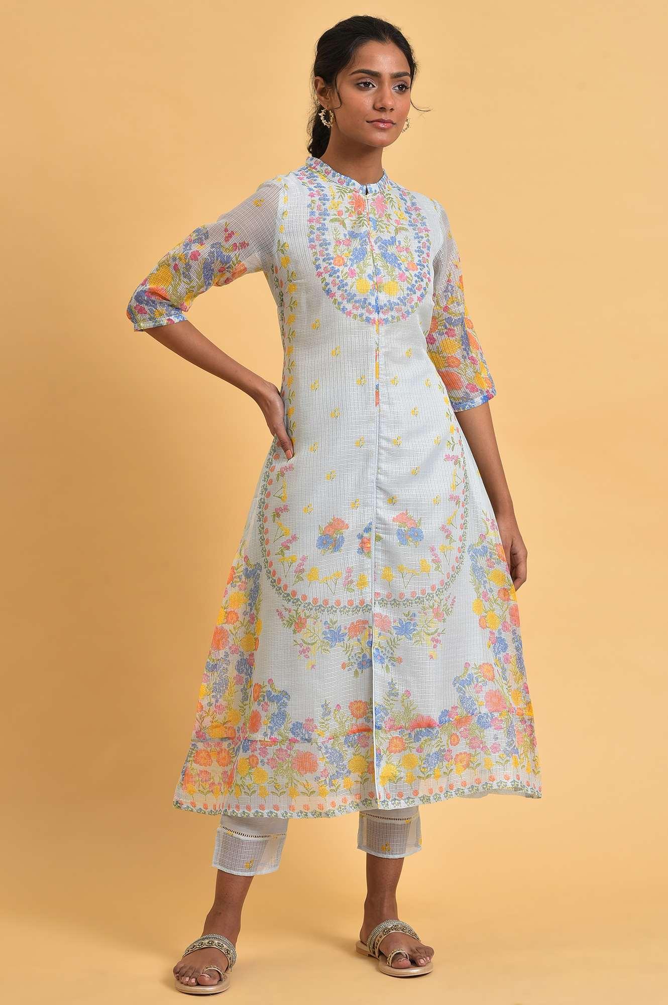 Light Blue Printed Kota kurta Set - wforwoman