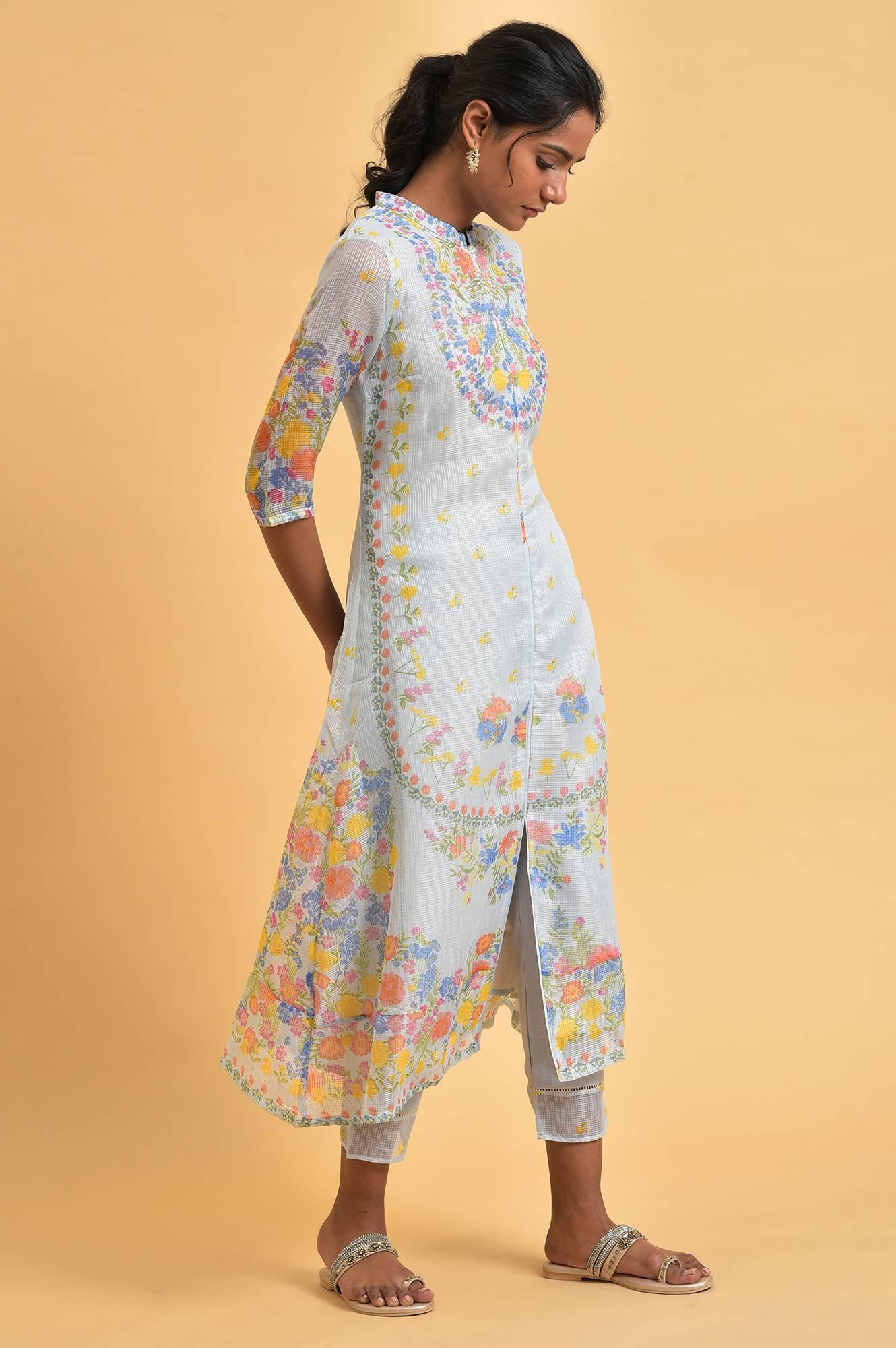 Light Blue Printed Kota kurta Set - wforwoman