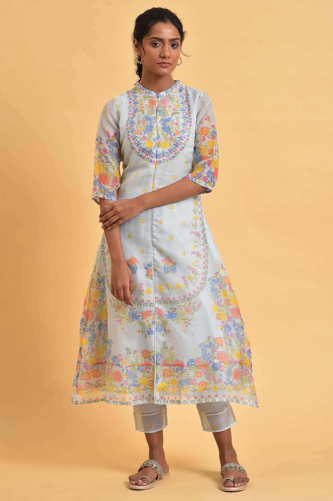 Light Blue Printed Kota kurta Set - wforwoman