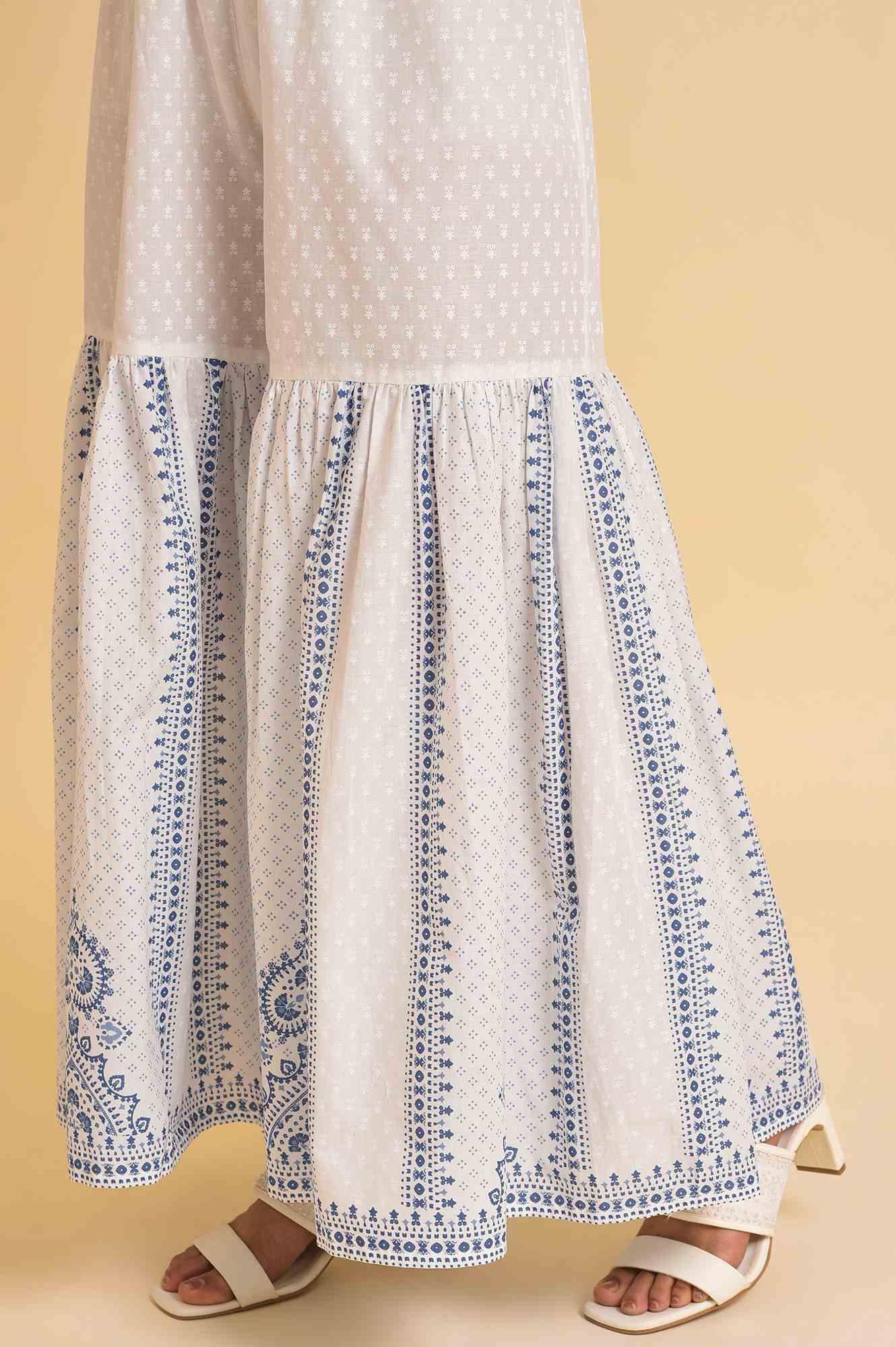 White Printed A-Line Short kurta, Sharara & Dupatta Set - wforwoman