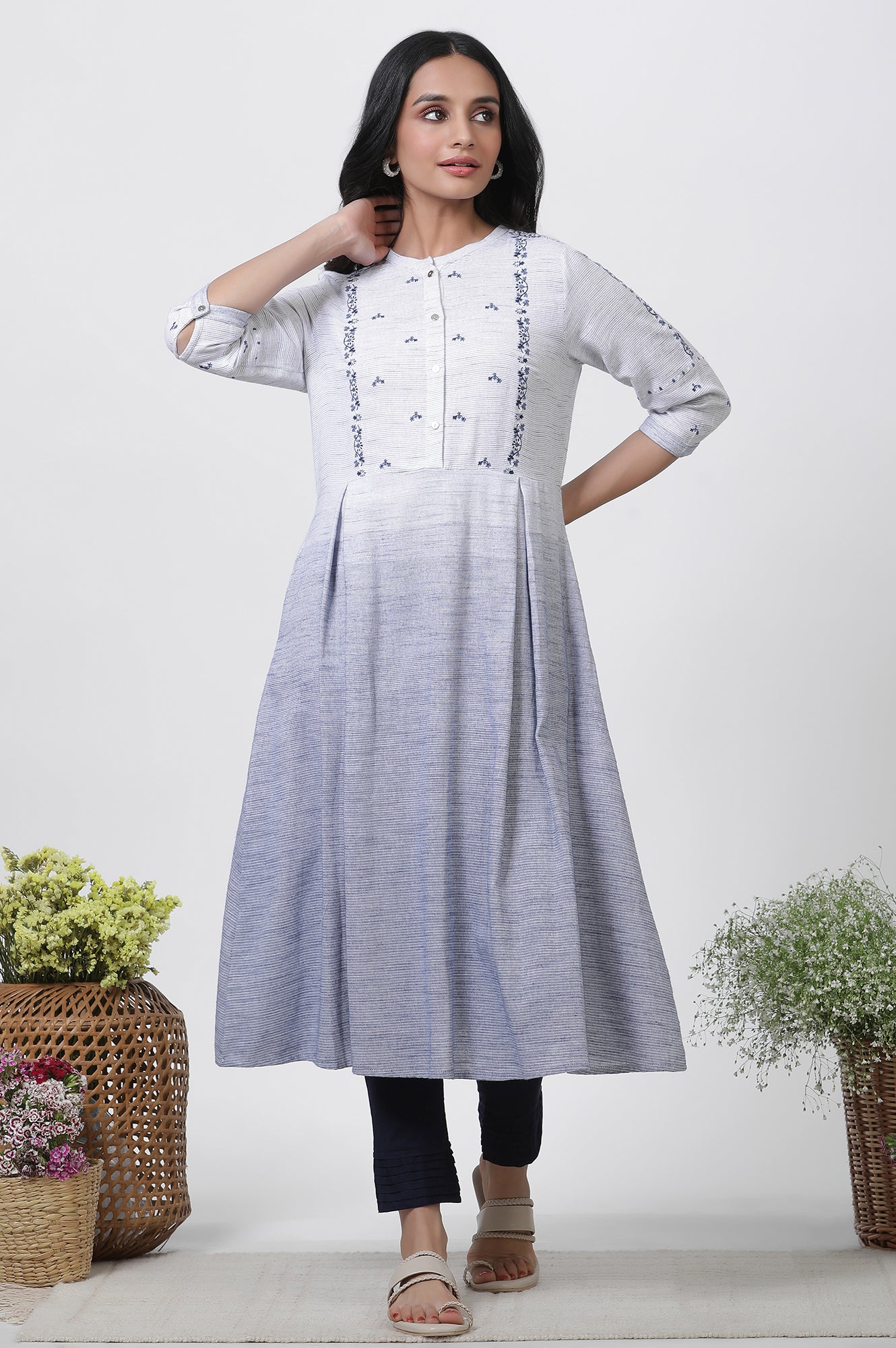 Grey & Blue Ombre A-Line Kurta And Pants Set