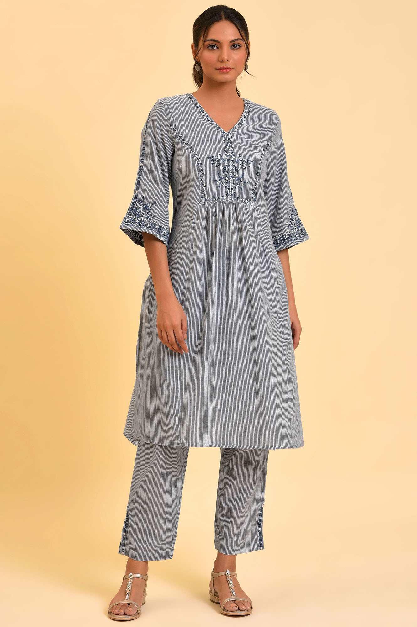 Blue Embroidered kurta & Pants Co-Ord Set - wforwoman