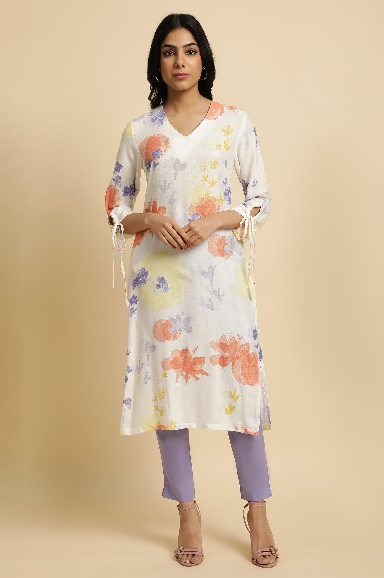 Ecru Floral Printed kurta Set - wforwoman