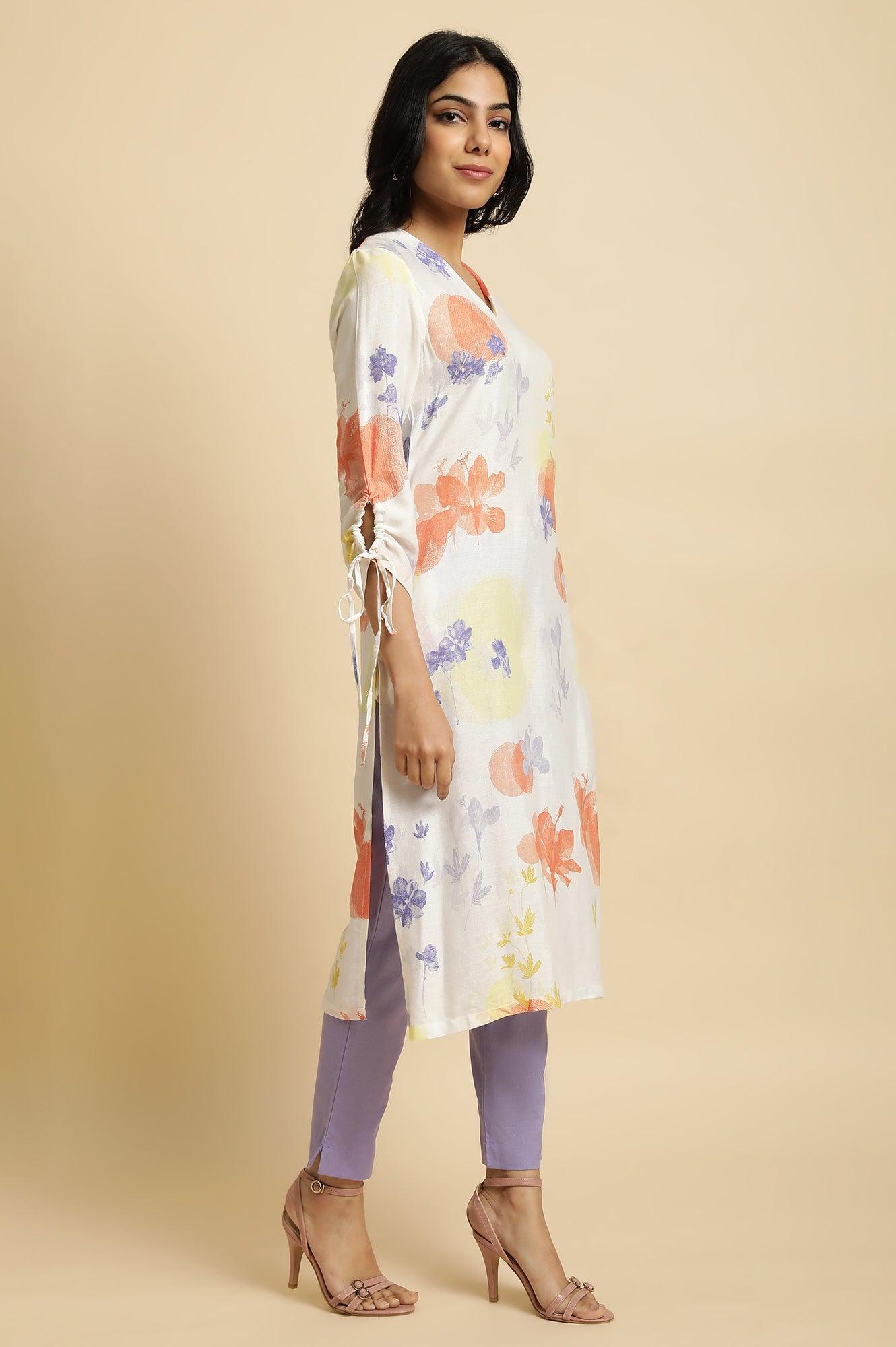 Ecru Floral Printed kurta Set - wforwoman